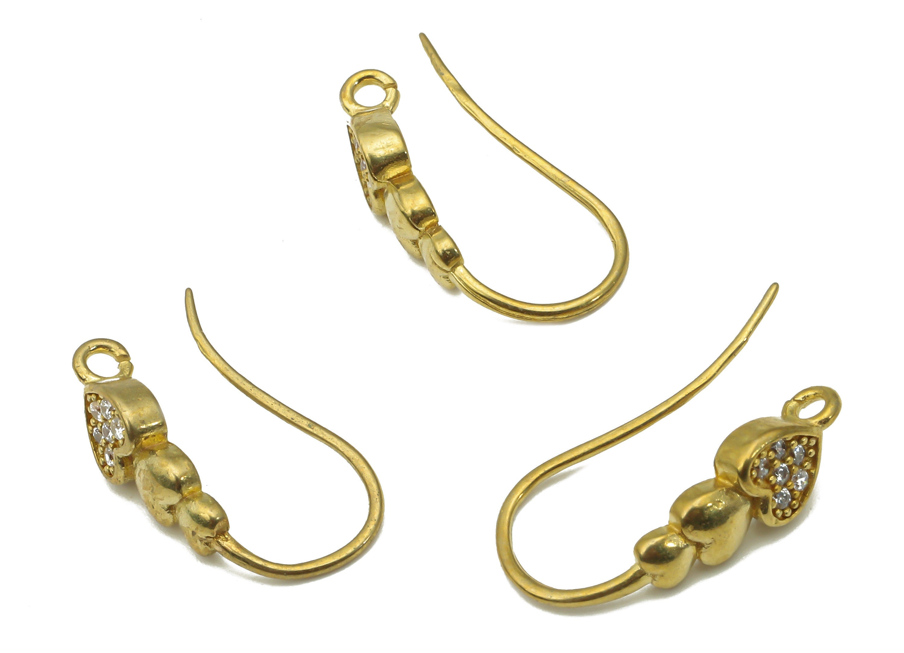 Raw Brass Ear Wires with Heart Adornment - Zircon Paved Ear Wire - Jewelry Making Supplies - Brass Earring Findings -18.54x9.2x1.7mm- PP7518 - DOMEDBAZAAR