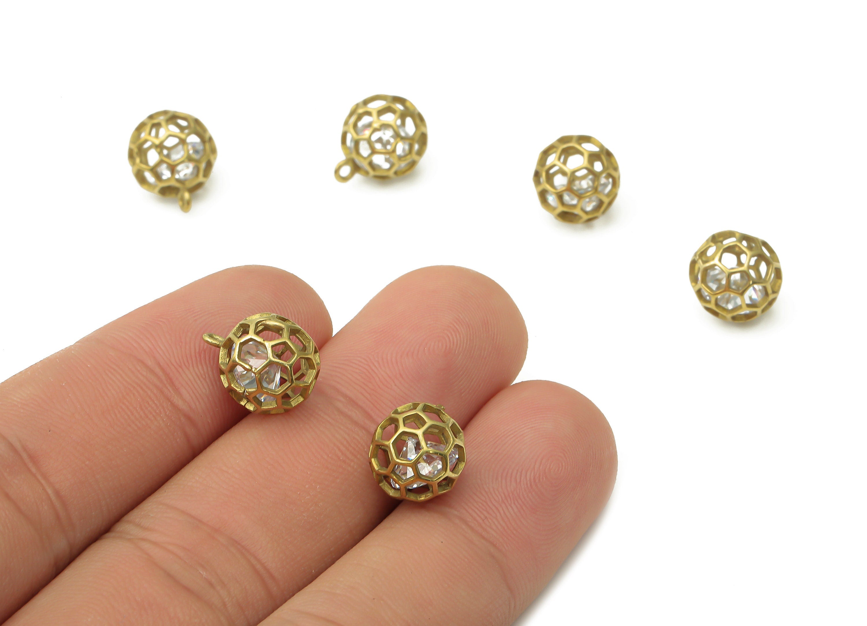 Brass Mini Round Bracelet Charms with Zircon - Raw Brass Ball Pendant Charms - Earring Charms for Jewelry Making -12.46x9.8x9.8mm- PP7530 - DOMEDBAZAAR