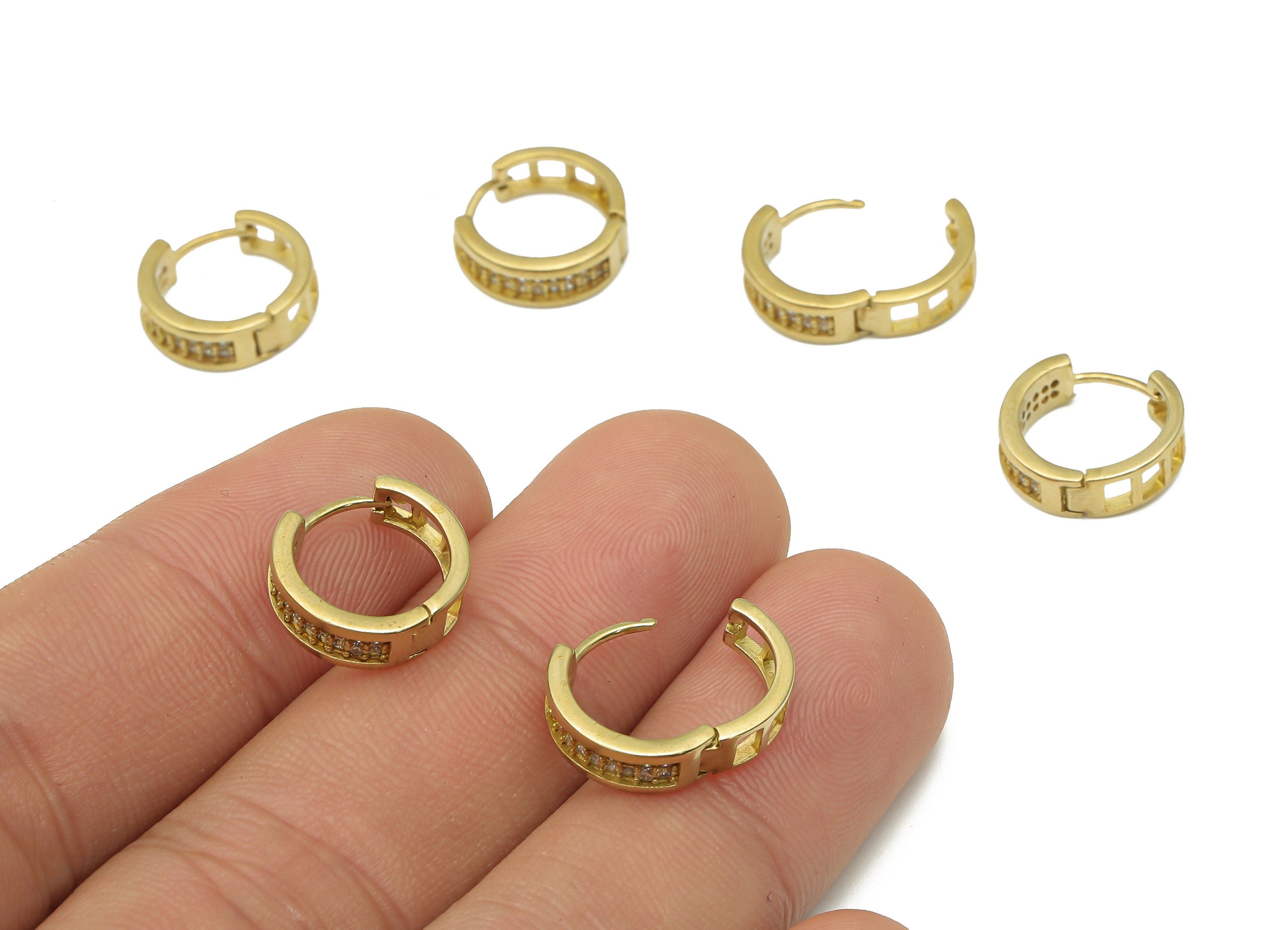 Brass Round Hoop Earrings - Raw Brass Hoops Huggie with Zircon -Dainty Hoop Earrings - Jewelry Making Supplies - 12.63x12.63x1.7mm - PP7537 - DOMEDBAZAAR