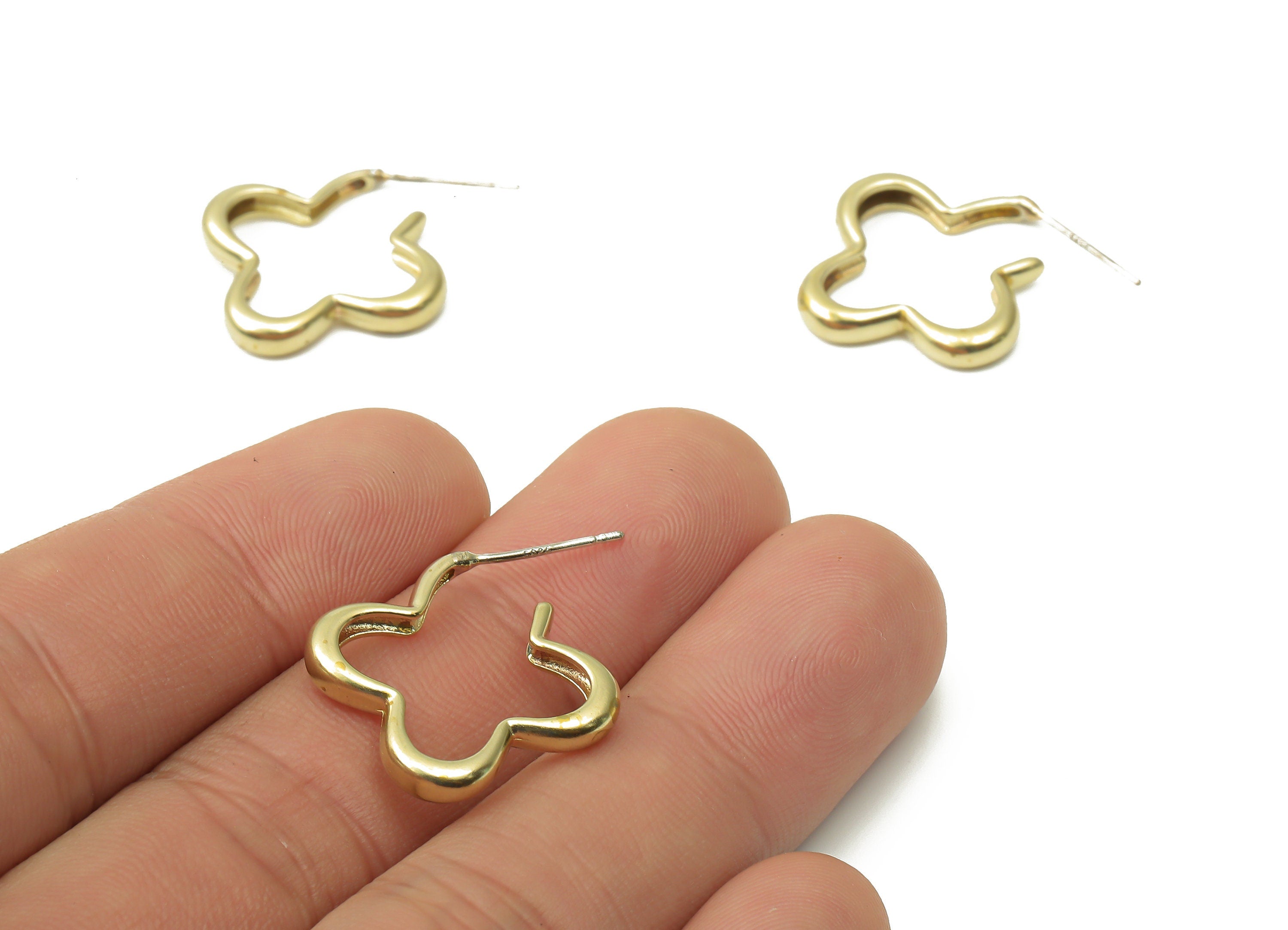 Brass Flower Shaped Stud Earring - Raw Brass Open Hoop Earring - Open Hoop Stud Earring - 925 Silver Needle Stud -21.97x20.57x3.09mm- PP7568 - DOMEDBAZAAR