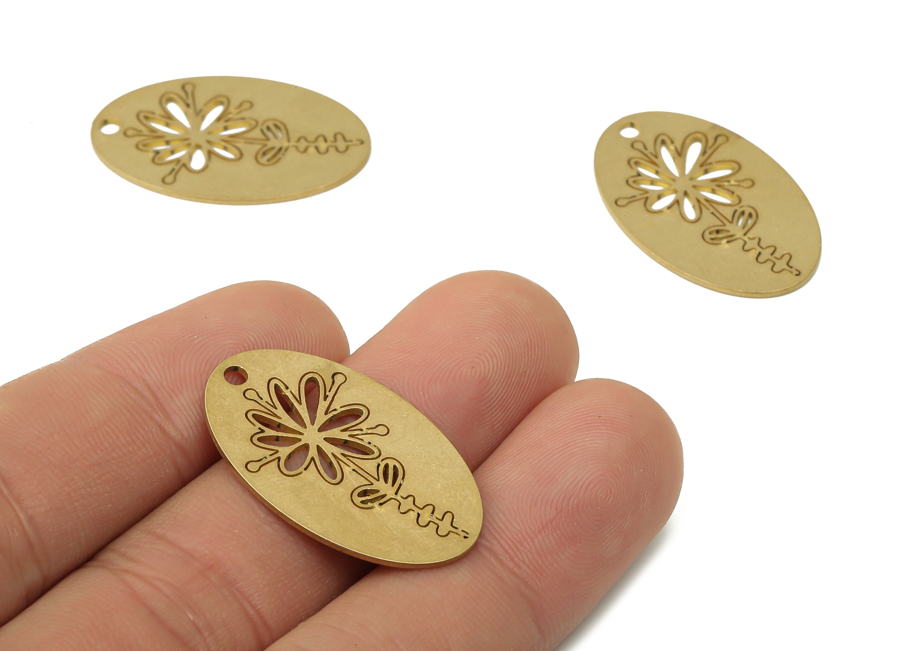 Raw Brass Oval Flower Pendant - Brass Oval Flower Earring Charms - Laser Cut Charms - Jewelry Making Supplies - 29.75x18.33x0.78mm - PPA3903 - DOMEDBAZAAR