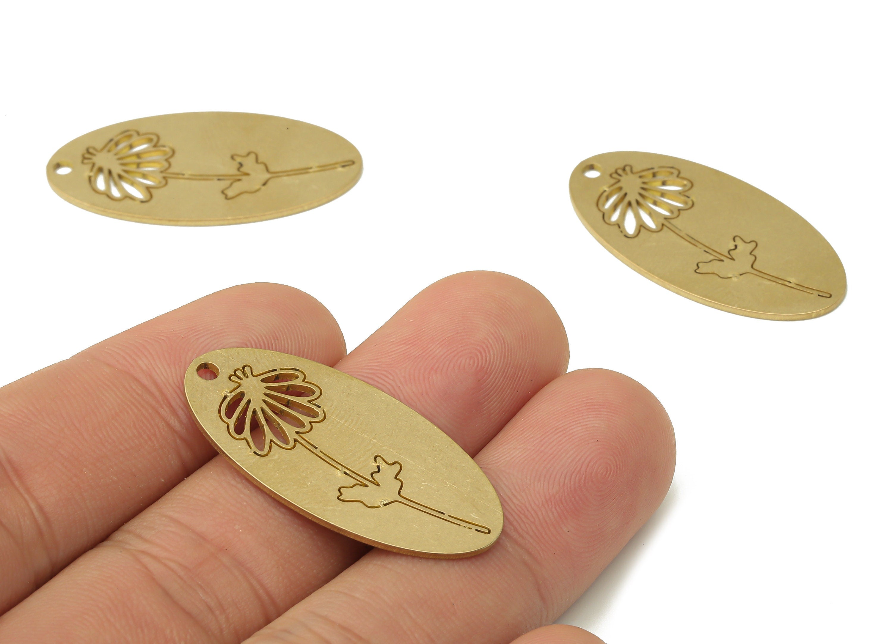 Brass Long Oval Daisy Flower Earrings Charm - Oval Raw Brass Flower Pendants Charms - Jewelry Making Supplies - 34.87x17.53x0.94mm - PPA3967 - DOMEDBAZAAR