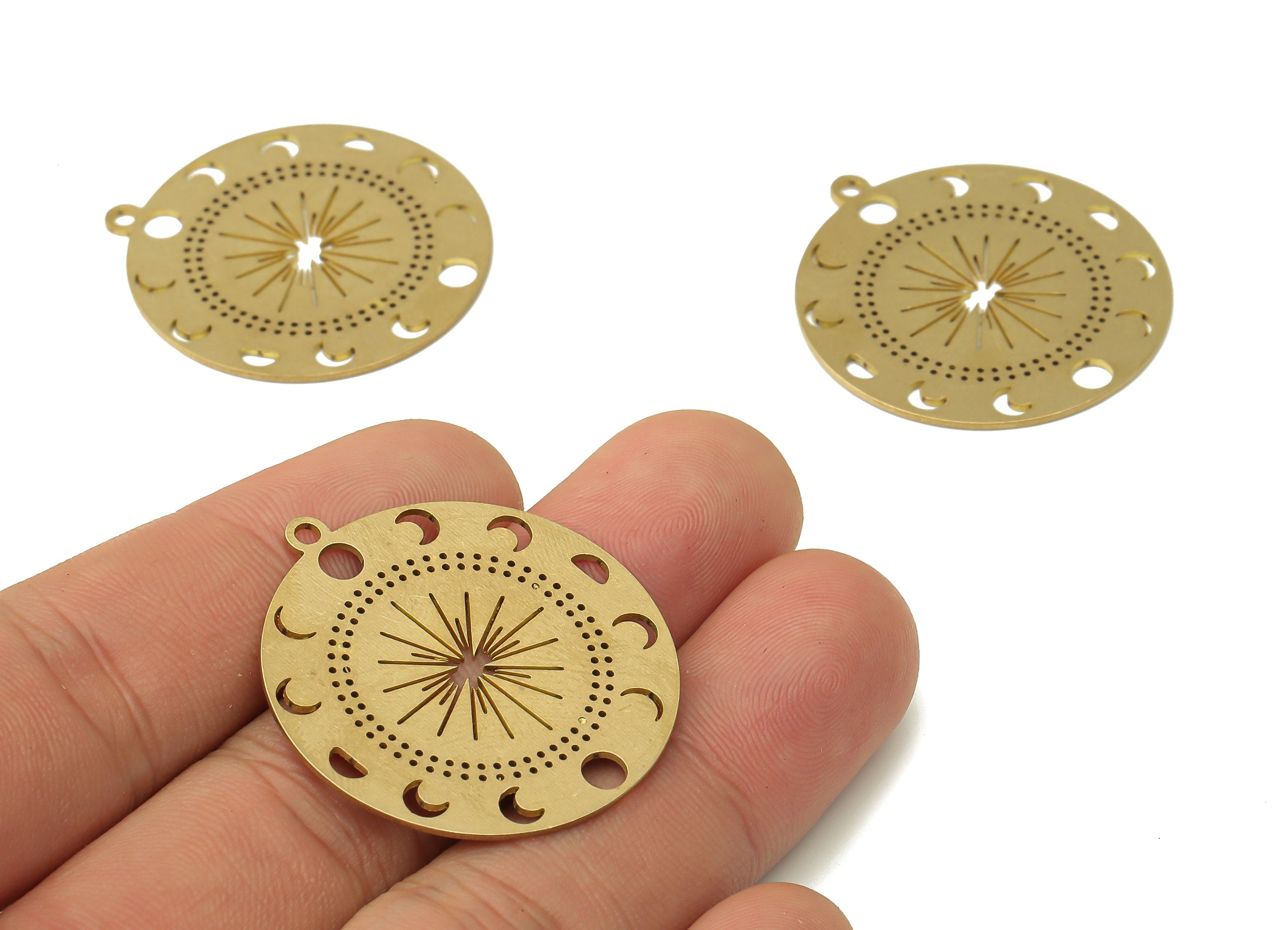 Raw Brass Laser Cut Moon Phase Charm - Textured Brass Sun Beam Pendant Charm - Brass Findings - Jewelry Supplies 34.89x31.96x0.72mm- PPA4007 - DOMEDBAZAAR