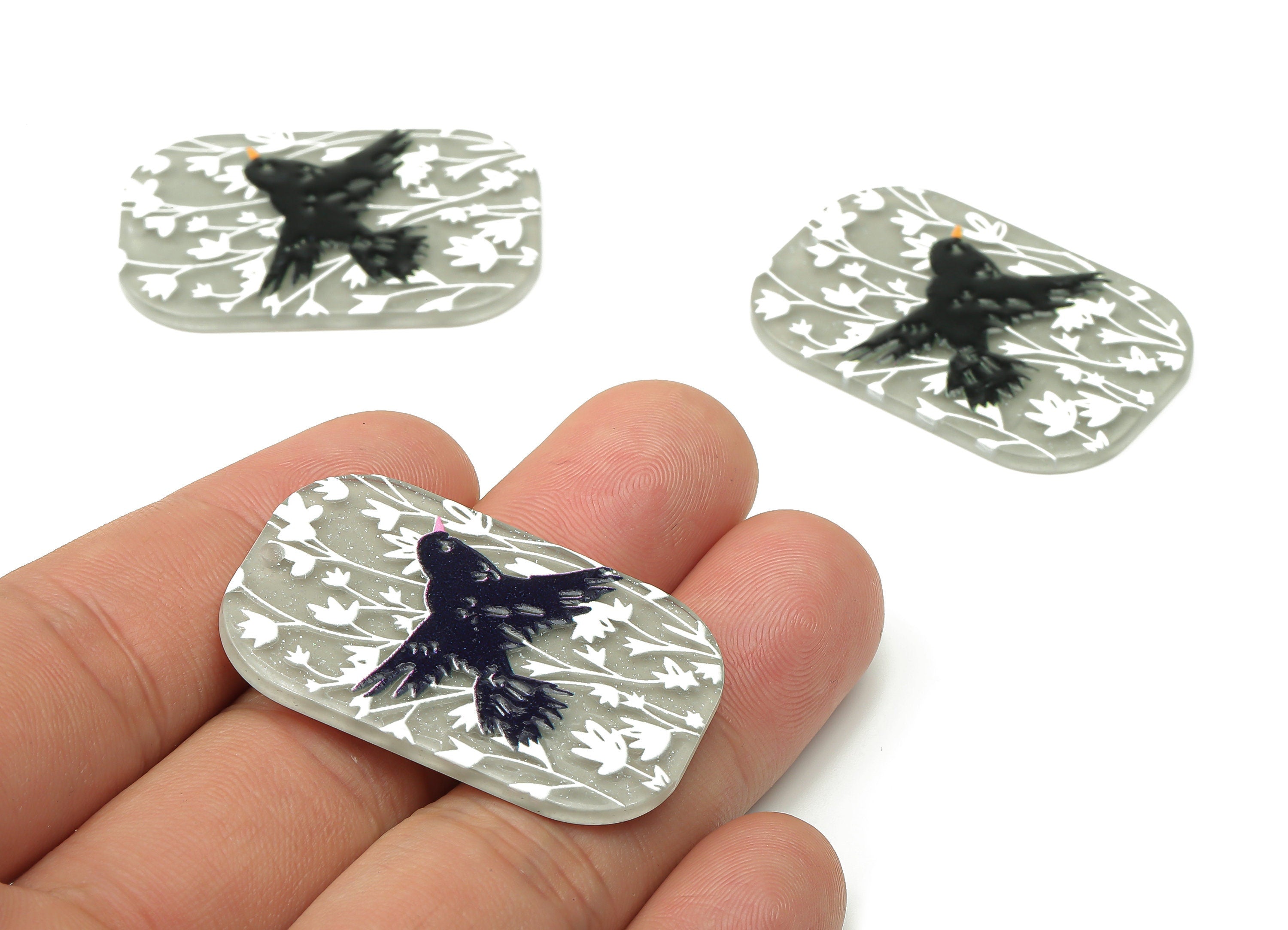Acrylic Rectangle Charm - Black Bird Pendant Charm - White Flowers Earring Charm - Flying Bird Pendant - 39.67×26.04×2.09mm - AC2491A - DOMEDBAZAAR