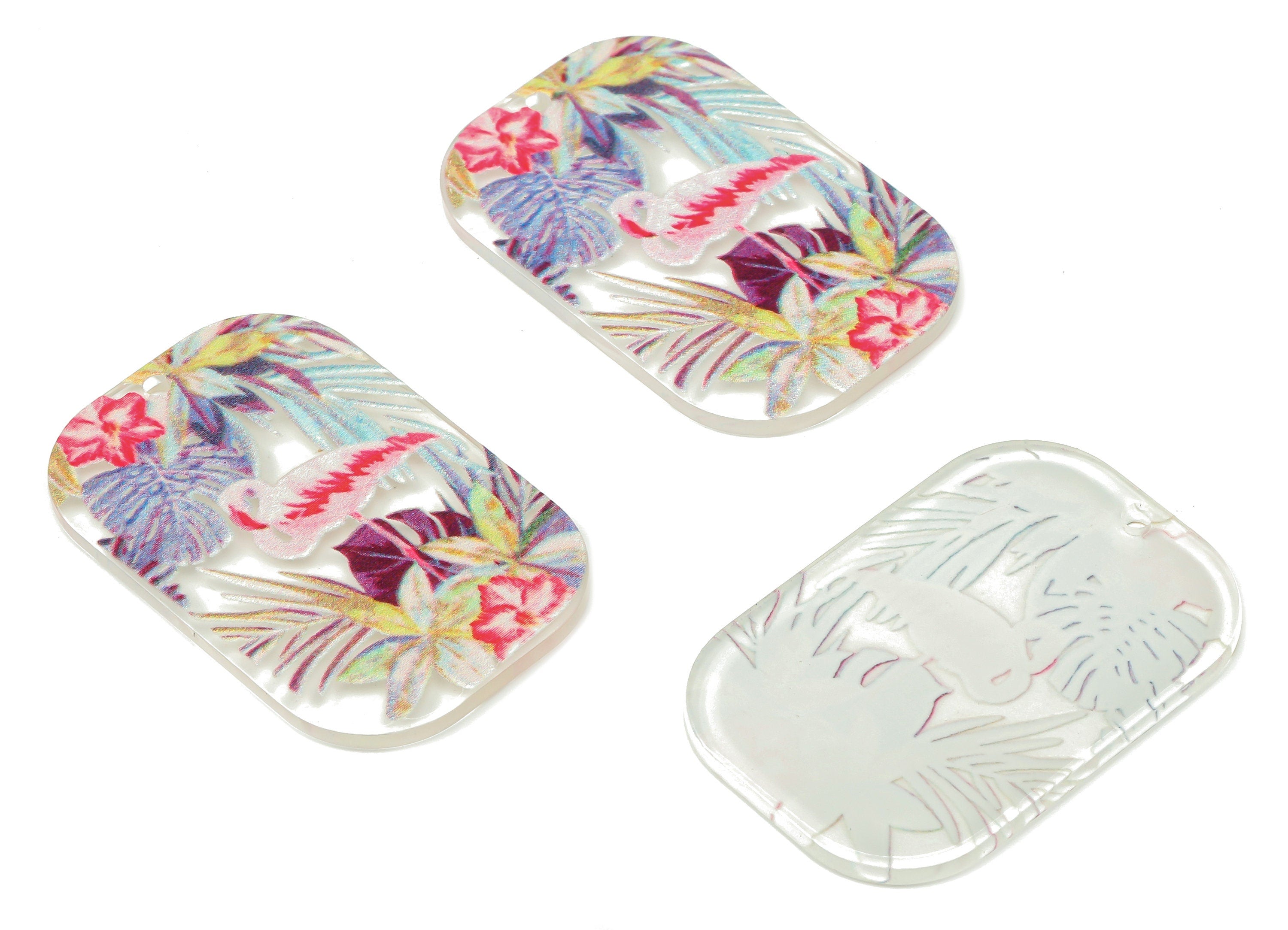 Acrylic Flamingo Rectangle Earring Charms - Tropical Flowers Leaves Pendant - DIY Jewelry Making Supplies - 39.67×26.04×2.09mm - AC2491D - DOMEDBAZAAR