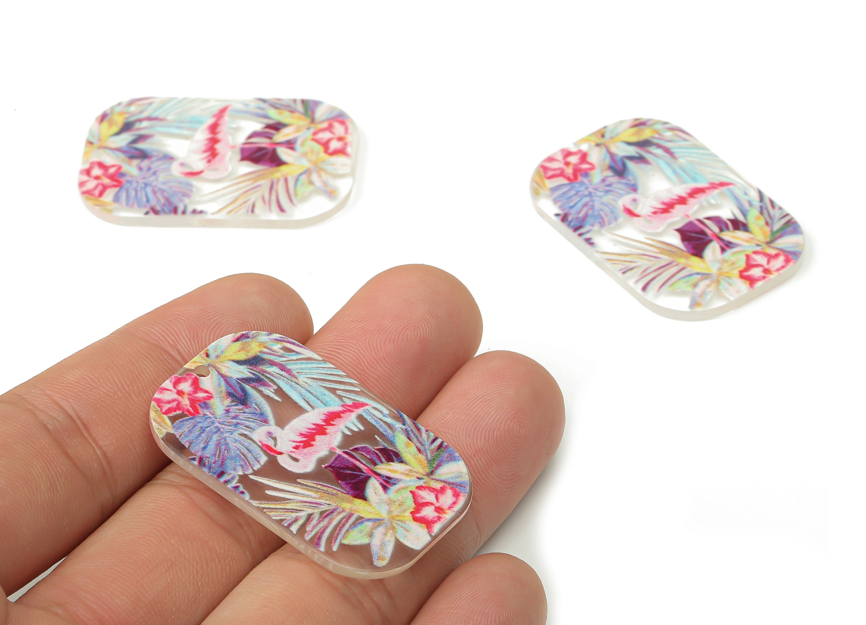 Acrylic Flamingo Rectangle Earring Charms - Tropical Flowers Leaves Pendant - DIY Jewelry Making Supplies - 39.67×26.04×2.09mm - AC2491D - DOMEDBAZAAR