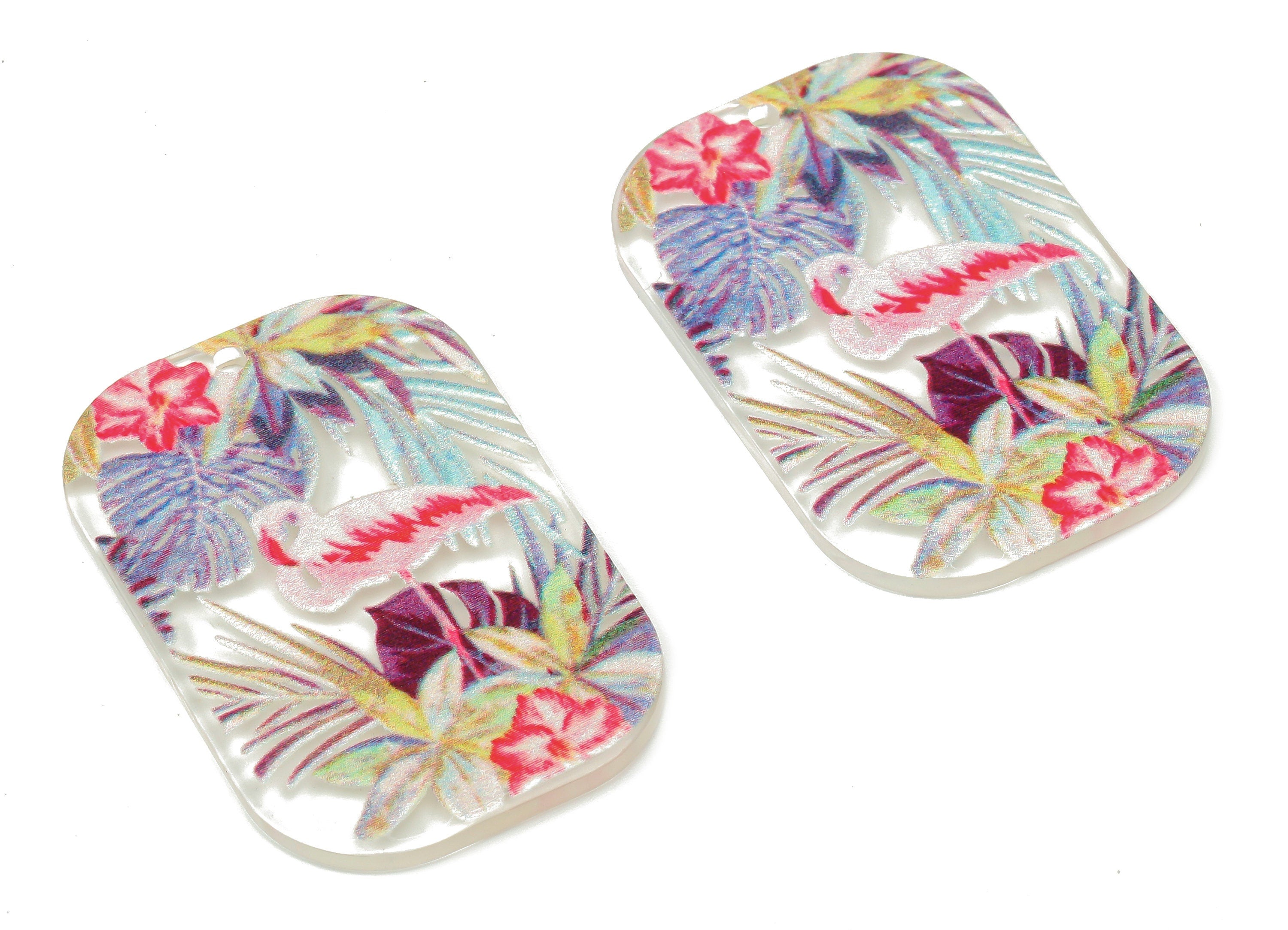Acrylic Flamingo Rectangle Earring Charms - Tropical Flowers Leaves Pendant - DIY Jewelry Making Supplies - 39.67×26.04×2.09mm - AC2491D - DOMEDBAZAAR