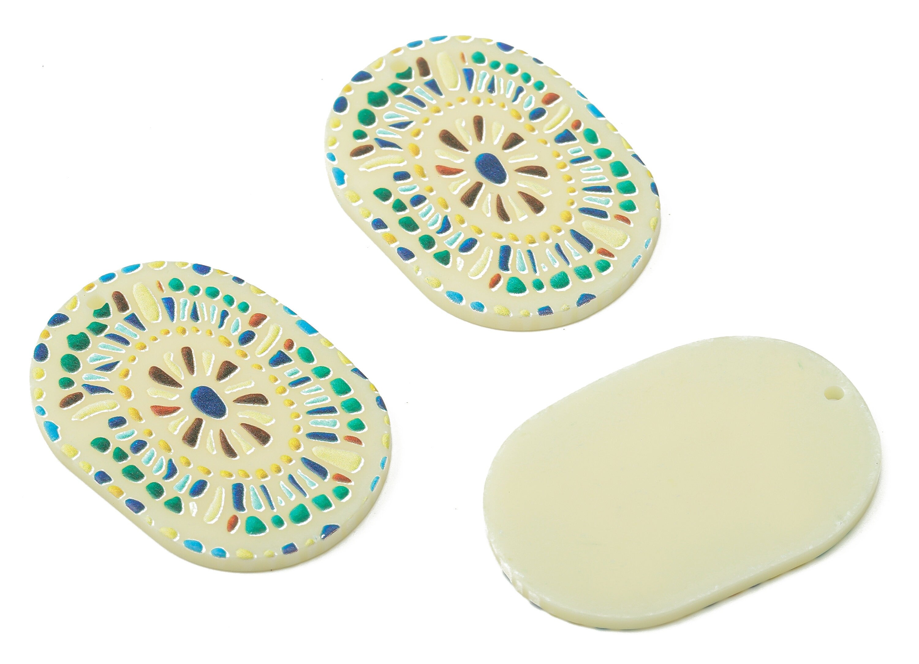 Acrylic Round Flower Charms - Printing Textured Oval Pendant - Jewelry Findings -37.86×26.43×2.02mm - AC2492 - DOMEDBAZAAR