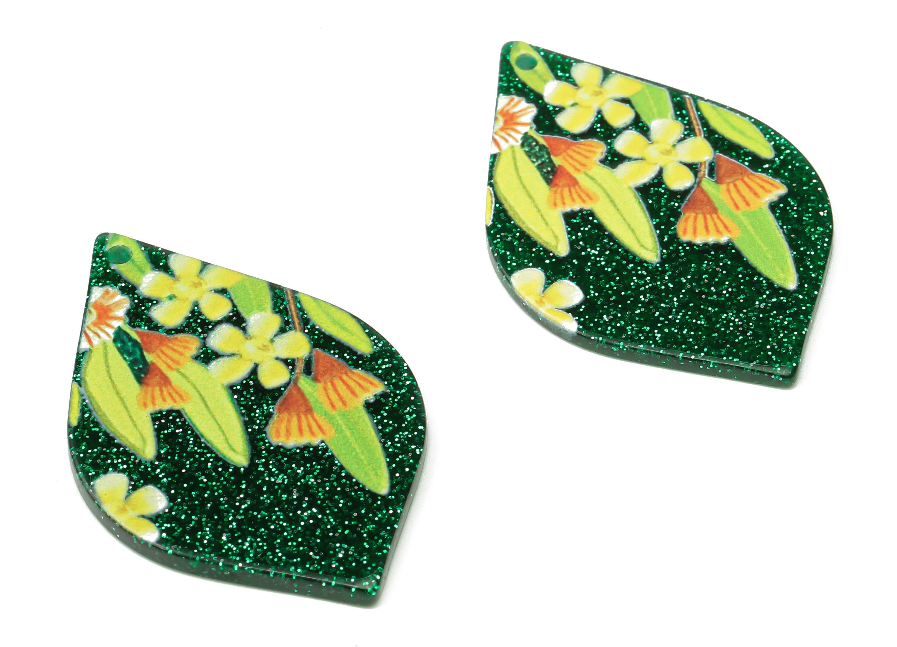 Acrylic Drop Earring Charms - Floral Teardrop Shape Pendant Charm - Leaf Printed Green Acrylic Charm - 42.2×27.22×1.8mm - AC2505 - DOMEDBAZAAR