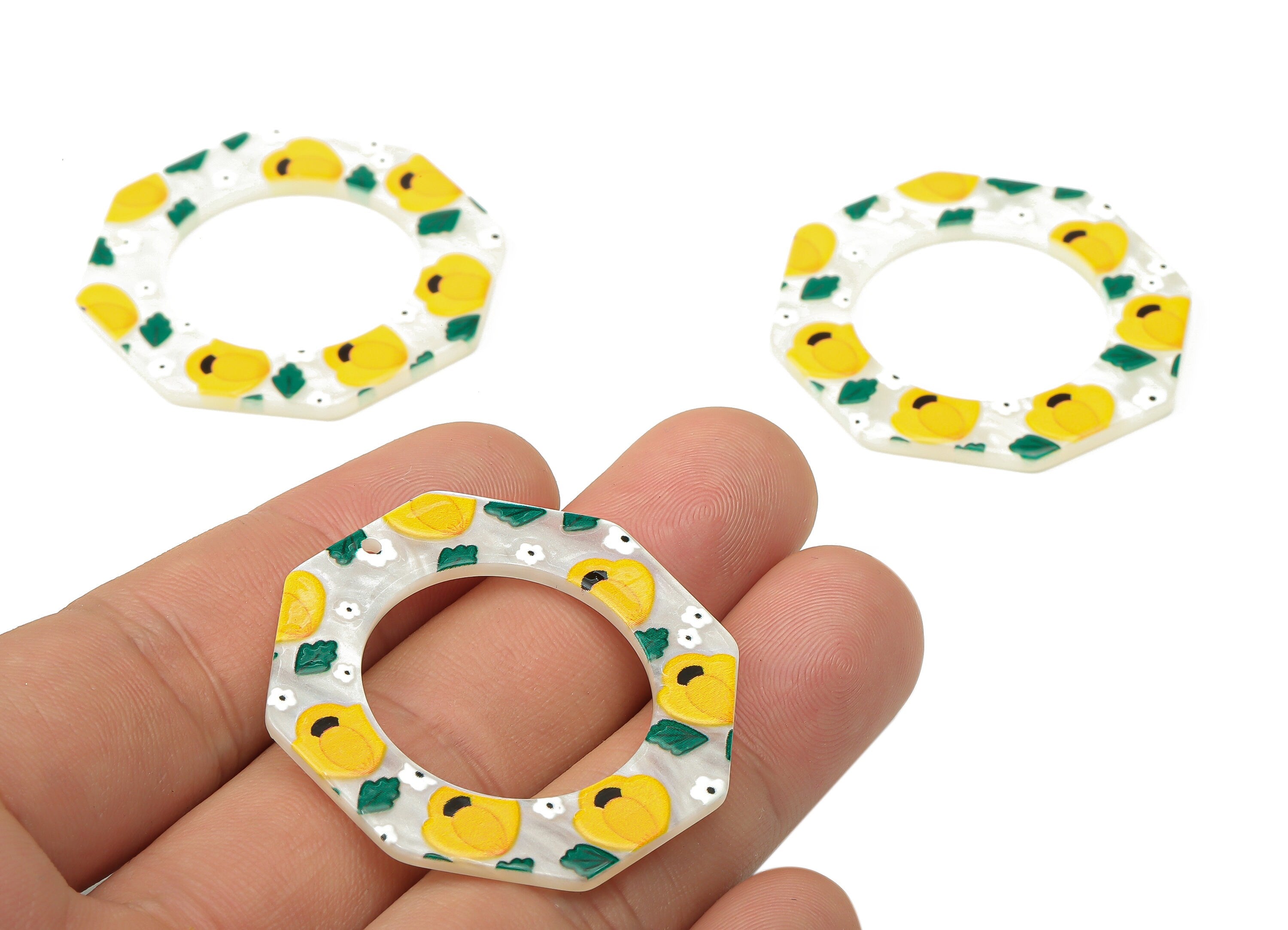 Acrylic Octagon Earrings Charm - Yellow Flower Geometry Pendant Charms - Earring Findings - Jewelry Supplies - 39.66×38.81×2.06mm - AC2509 - DOMEDBAZAAR