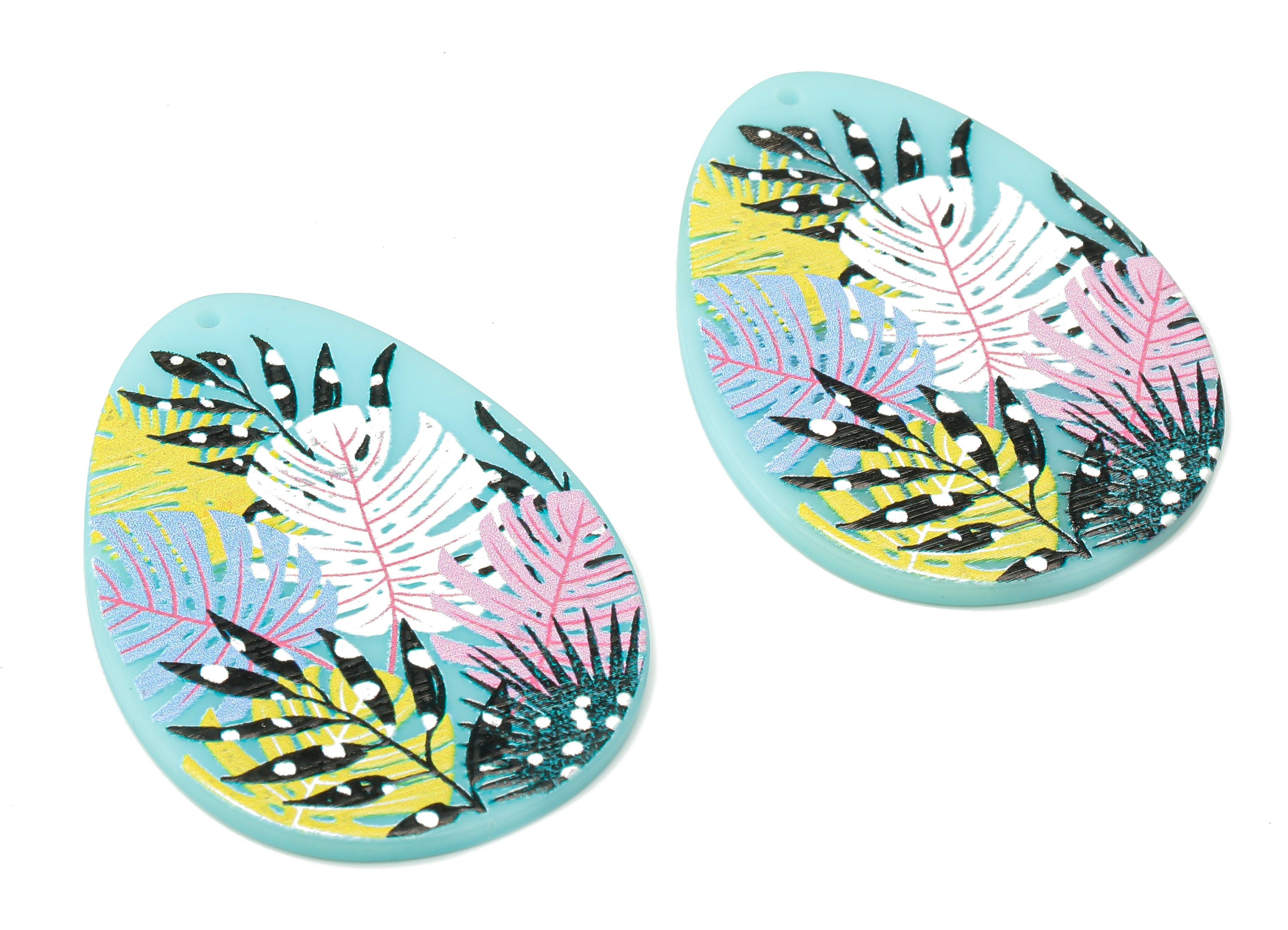 Acrylic Drop Monstera Earring Charms - Leaf Flower Print Pendants Charm - Floral Colorful Teardrop Charm - 42.76×31.47×2.03mm - AC2514C - DOMEDBAZAAR