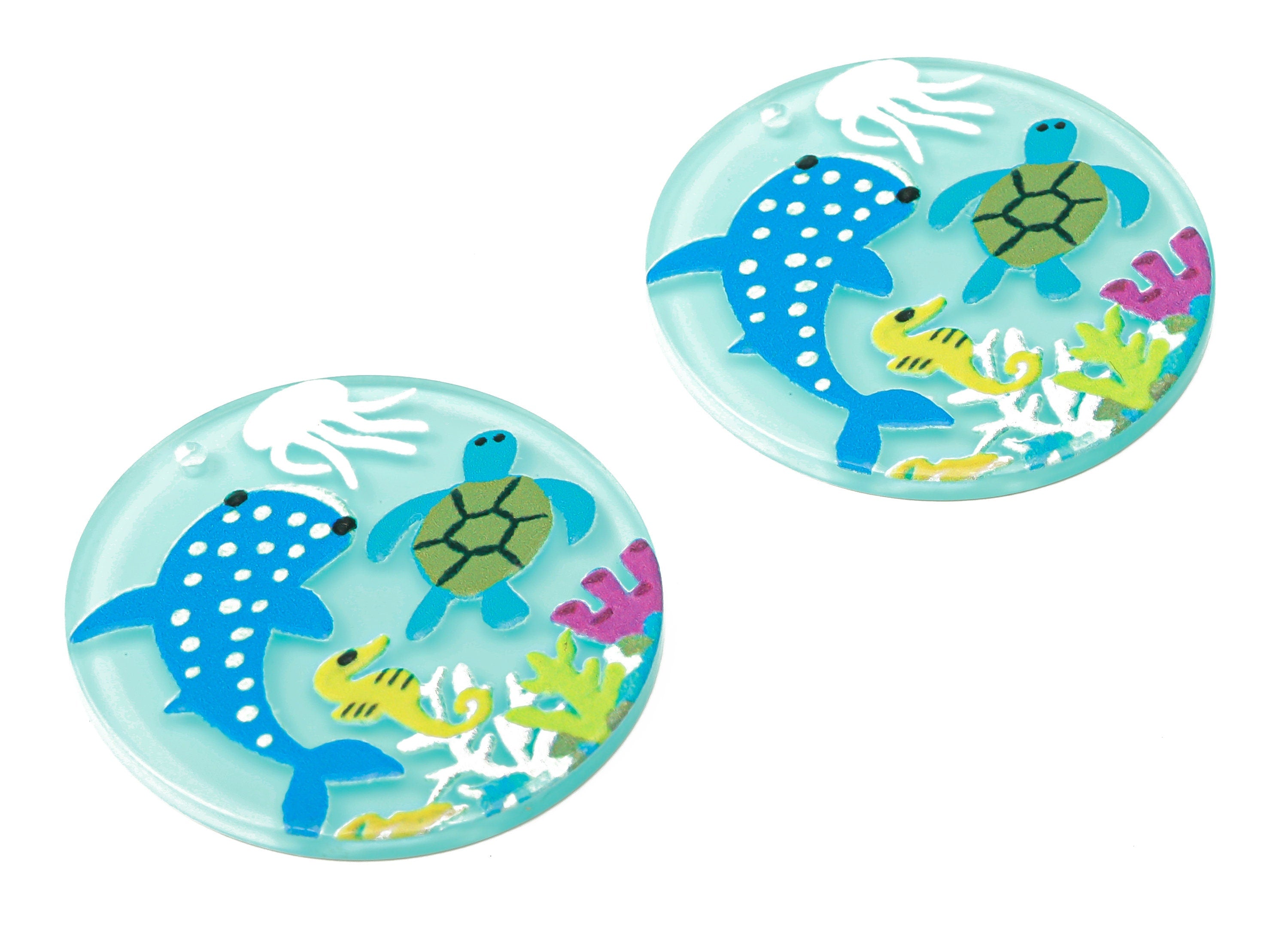 Acrylic Round Aquarium Earrings Charm - Sea Life Whale Fish Axolotl Pendant Charms - Jewelry Making Supplies - 34.83×34.83×2.36mm - AC2518A - DOMEDBAZAAR