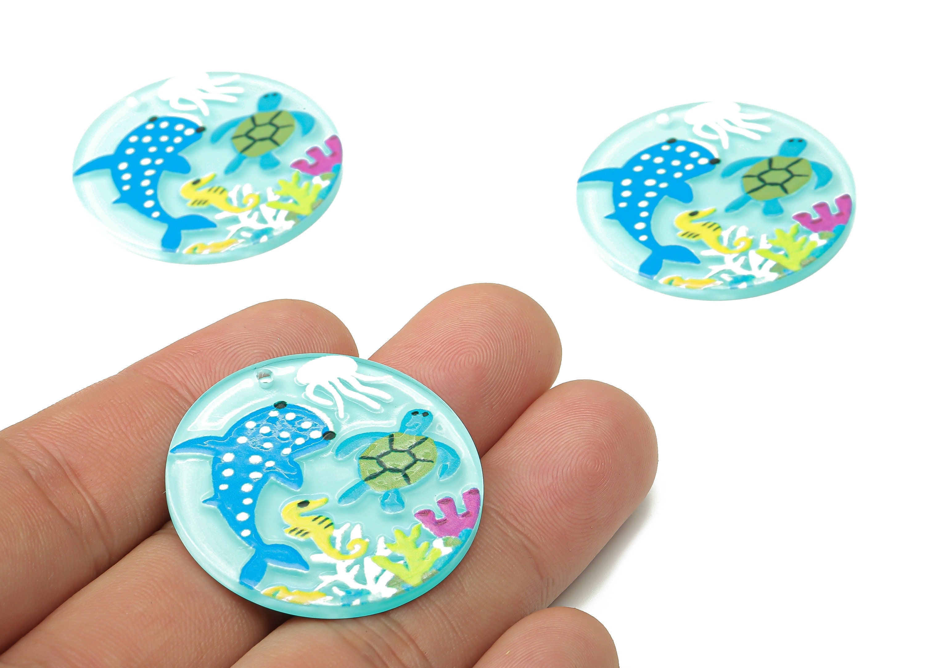 Acrylic Round Aquarium Earrings Charm - Sea Life Whale Fish Axolotl Pendant Charms - Jewelry Making Supplies - 34.83×34.83×2.36mm - AC2518A - DOMEDBAZAAR