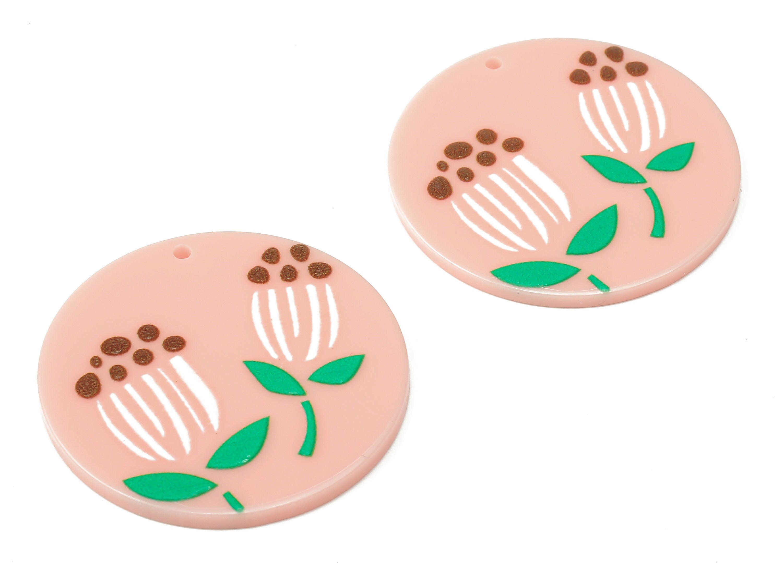 Acrylic Round Flower Earrings Charm - Pink flower Circle Pendent Charm - Jewelry DIY Making Supplies - 36.86x36.86x2.3mm - AC2519E - DOMEDBAZAAR