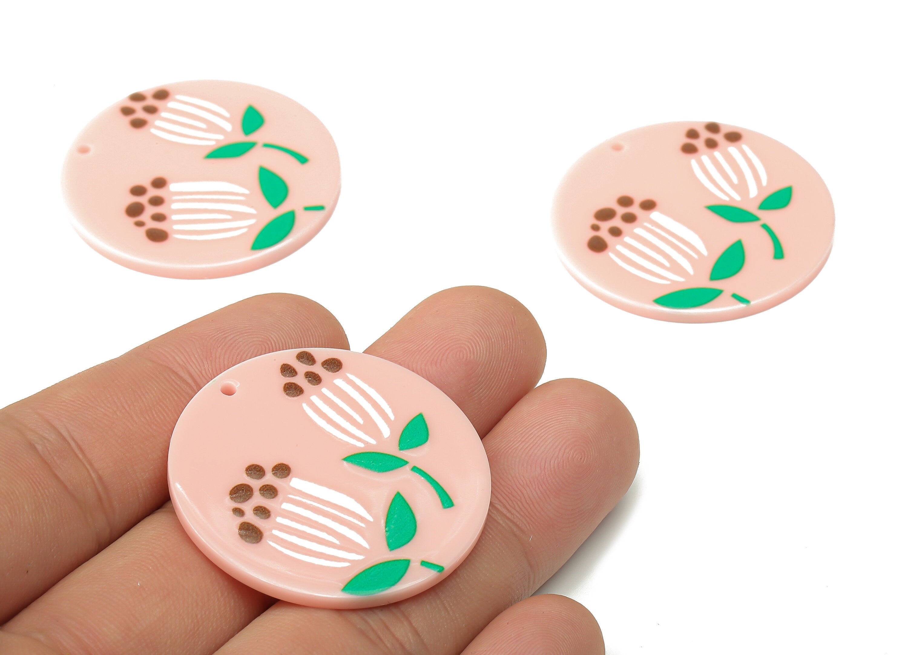 Acrylic Round Flower Earrings Charm - Pink flower Circle Pendent Charm - Jewelry DIY Making Supplies - 36.86x36.86x2.3mm - AC2519E - DOMEDBAZAAR