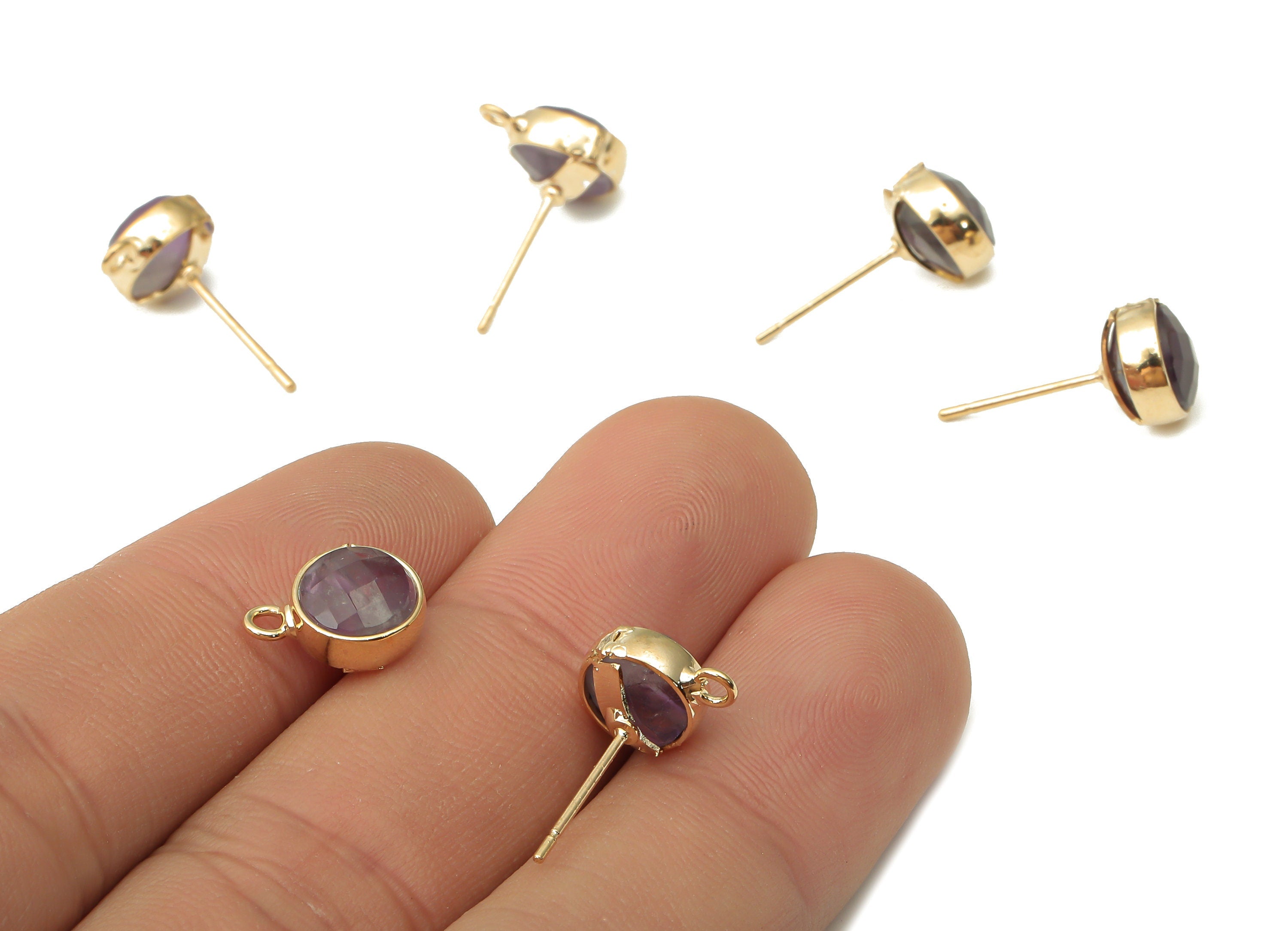Amethyst Stud Earrings - Tiny Stud Earrings - February Birthstone Stud - Brass Gold Tone Plated Amethyst Studs -12.52x9.62x5.45mm- NS1862C - DOMEDBAZAAR