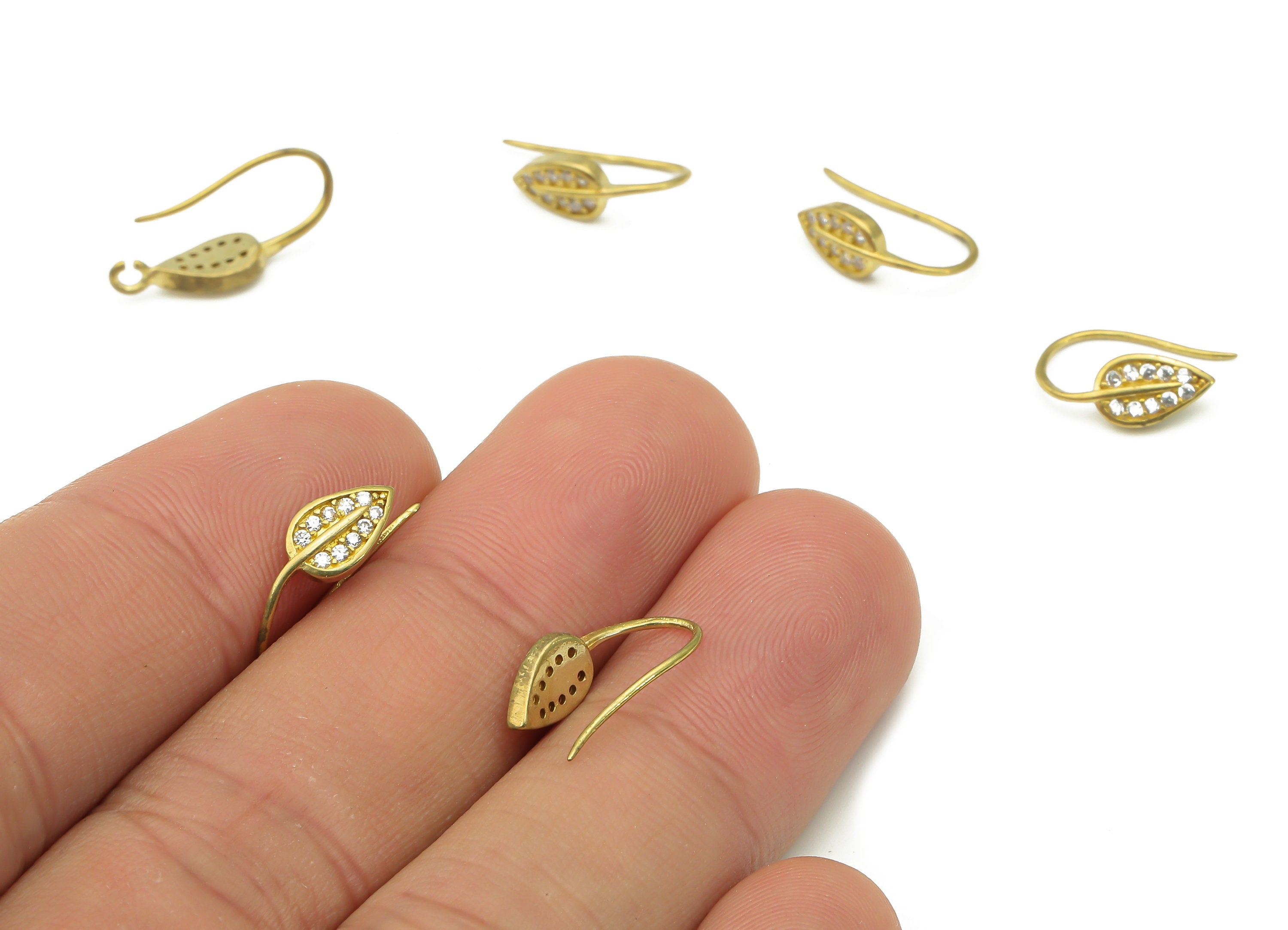 Raw Brass Ear Wires with Leaf Adornment - Zircon Paved Ear Wires - Jewelry Making Supplies - Earring Findings- 14.64x7.2x1.76mm - PP7504 - DOMEDBAZAAR