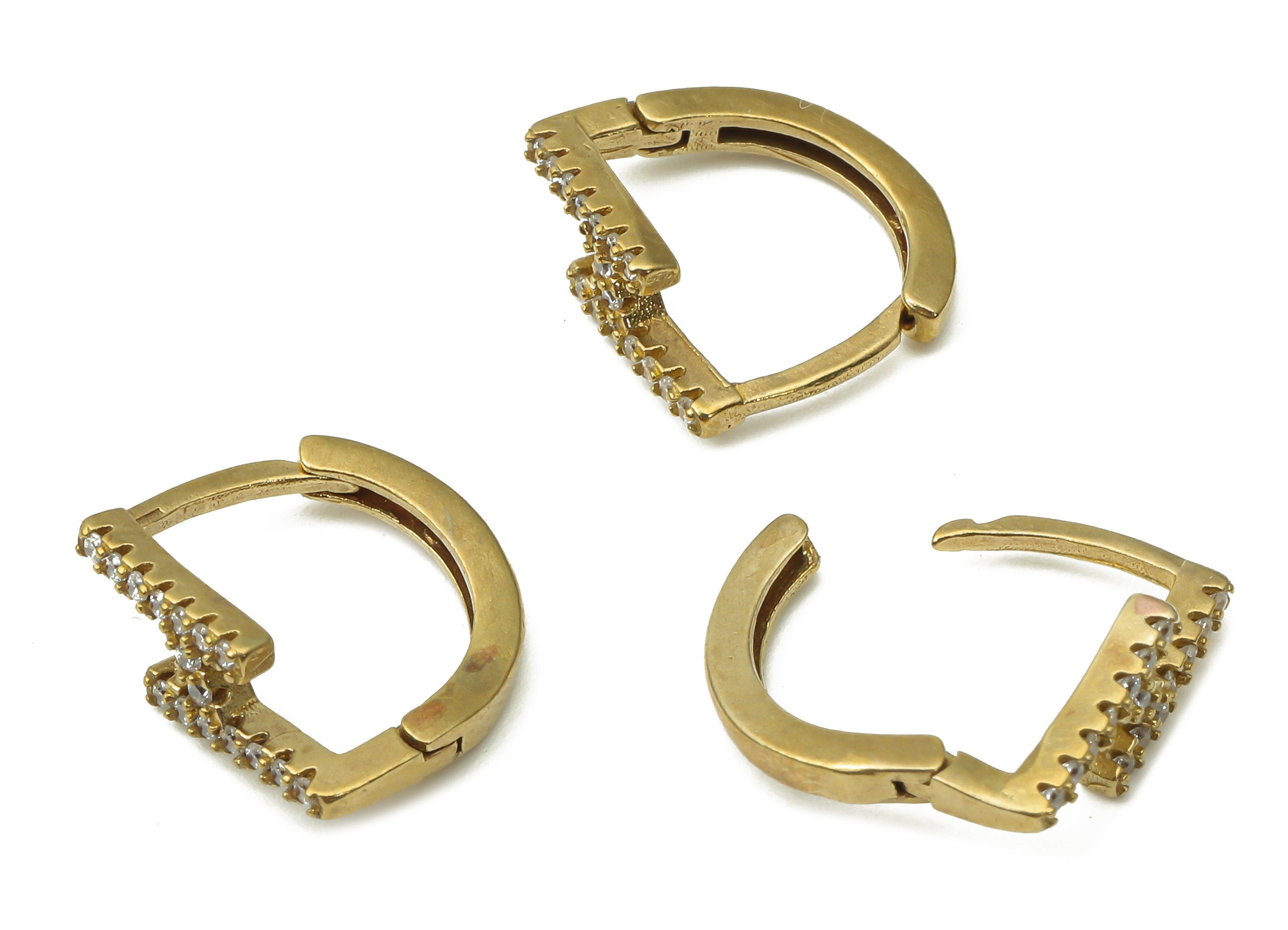 Raw Brass D Shaped Hoop Earrings - Brass Huggie Hoop Earring with Zircons - Dainty Hoop Earrings - Brass Findings -13.95x11.7x1.82mm- PP7531 - DOMEDBAZAAR