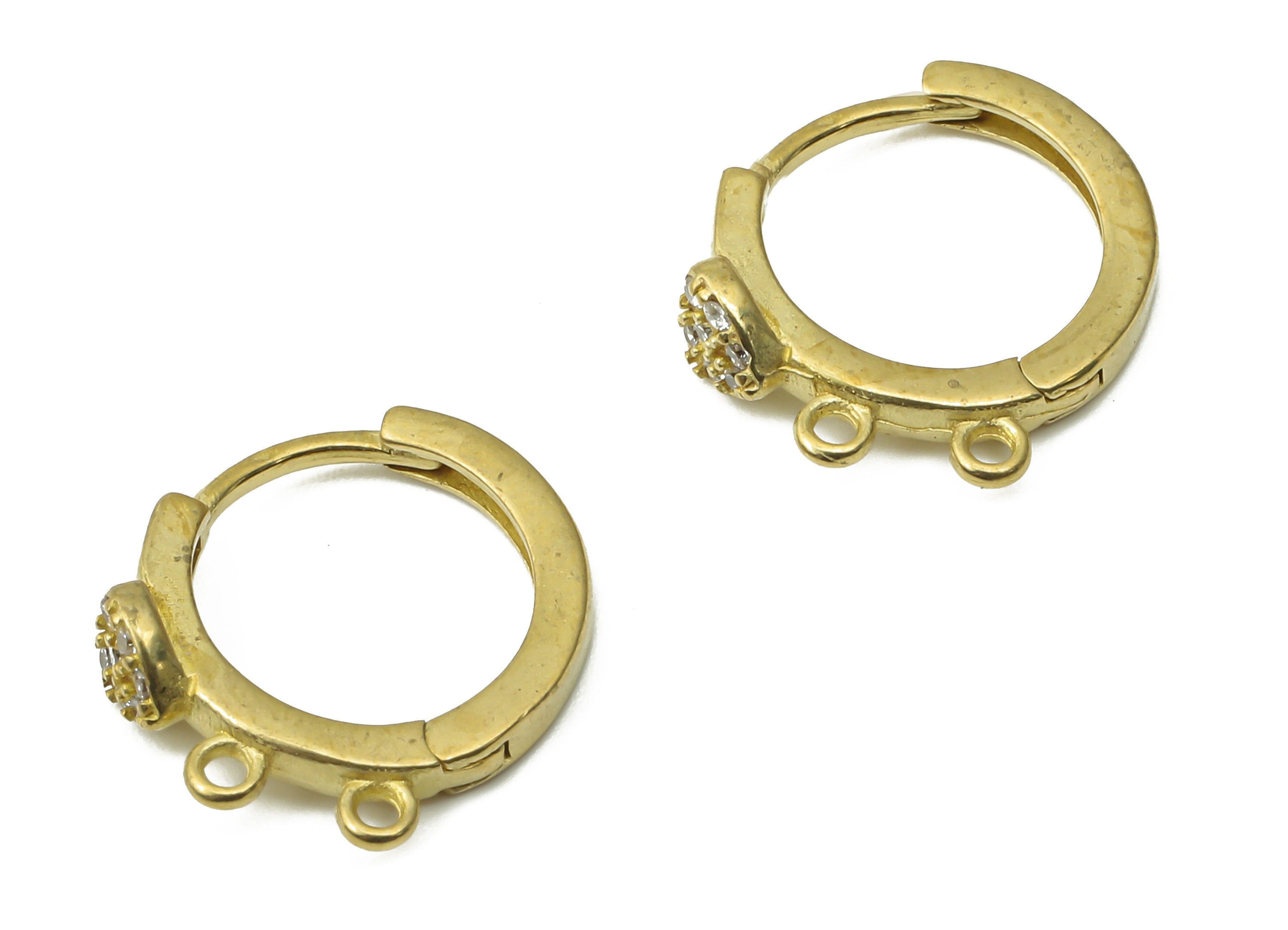 Brass Round Huggie Hoop Earrings - Raw Brass Hoops with Zircons - 2 Loops Hoop - Jewelry Making Supplies - 13.6x12.07x1.6mm - PP7532 - DOMEDBAZAAR
