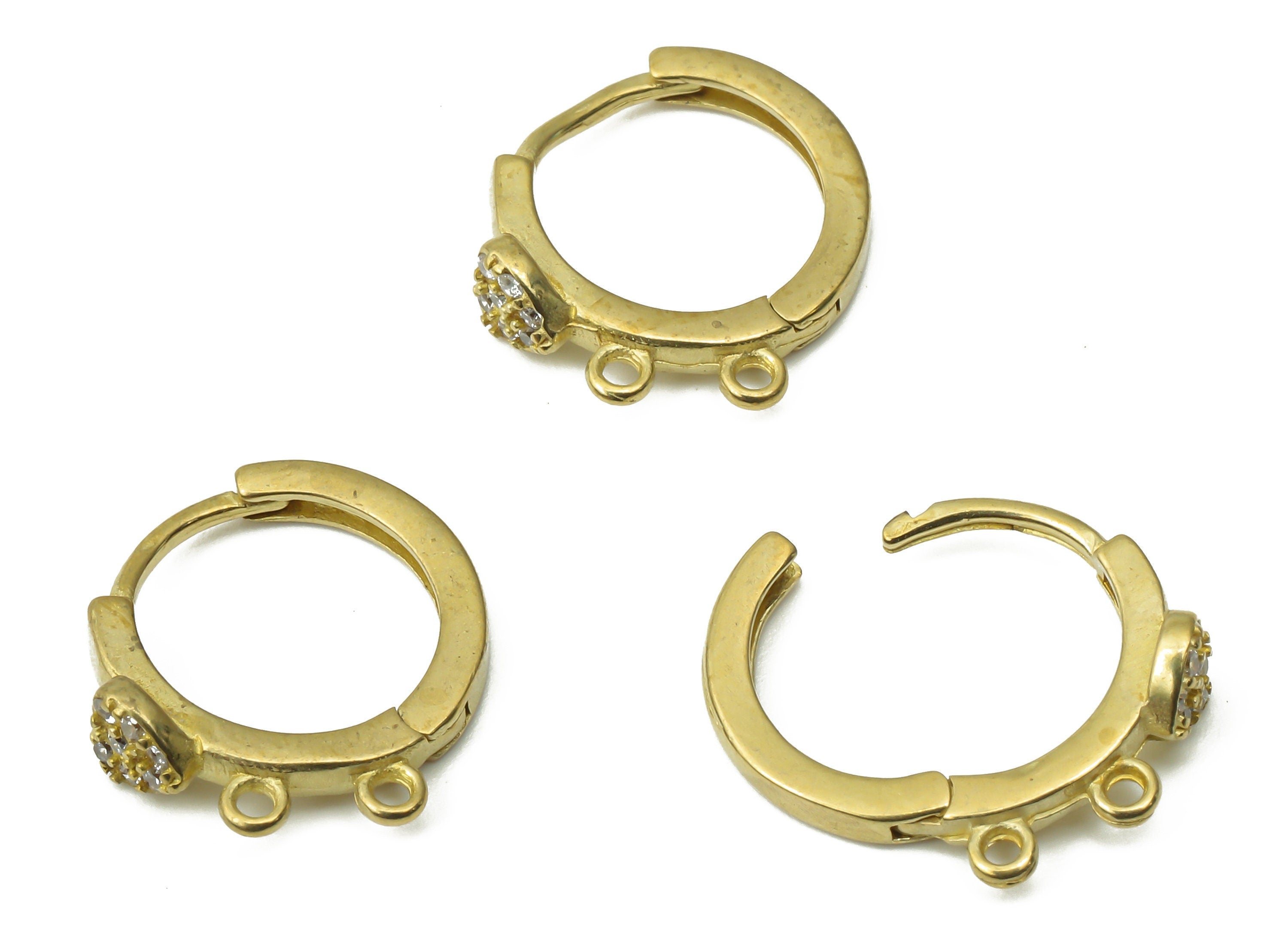Brass Round Huggie Hoop Earrings - Raw Brass Hoops with Zircons - 2 Loops Hoop - Jewelry Making Supplies - 13.6x12.07x1.6mm - PP7532 - DOMEDBAZAAR