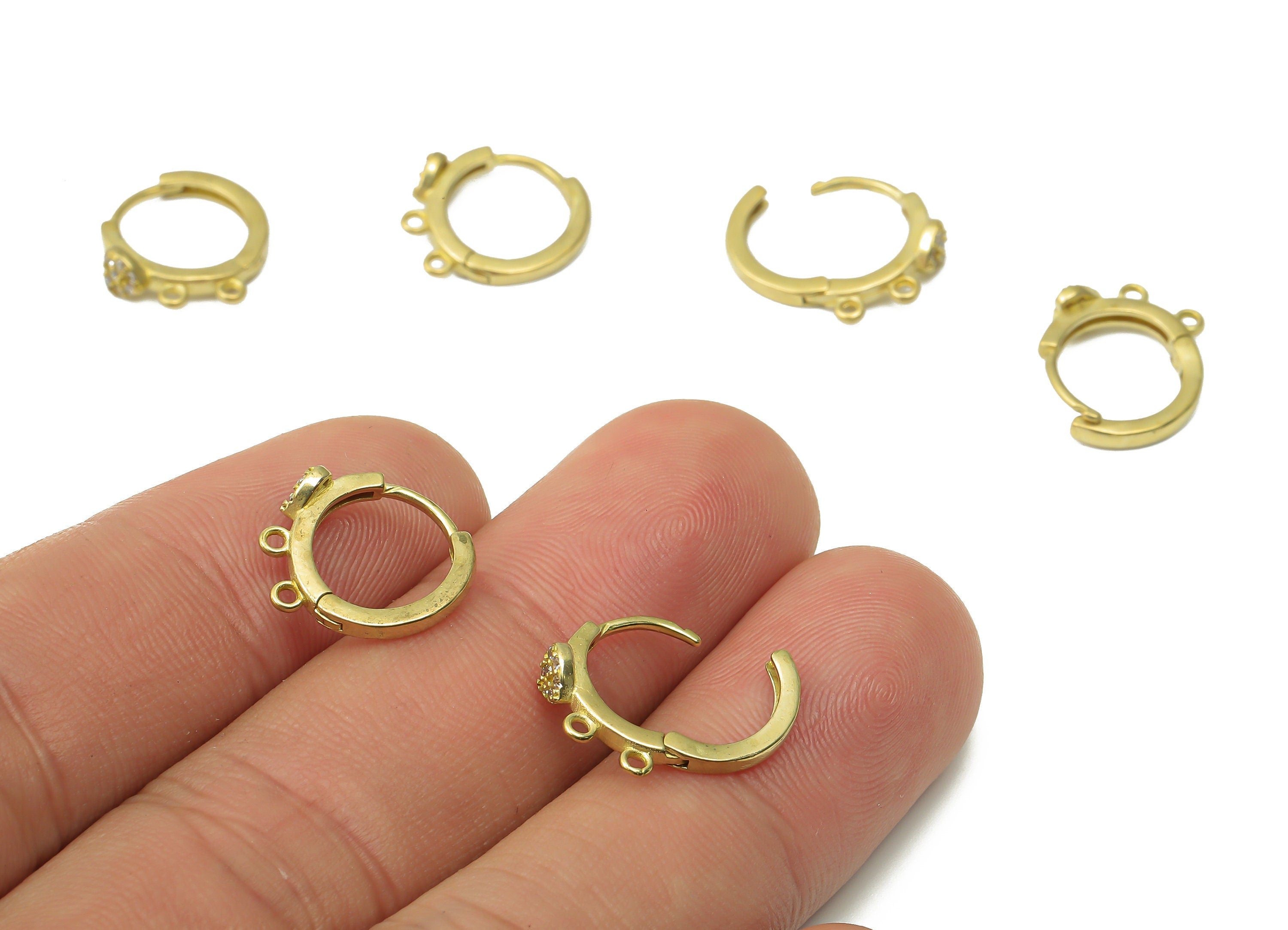 Brass Round Huggie Hoop Earrings - Raw Brass Hoops with Zircons - 2 Loops Hoop - Jewelry Making Supplies - 13.6x12.07x1.6mm - PP7532 - DOMEDBAZAAR