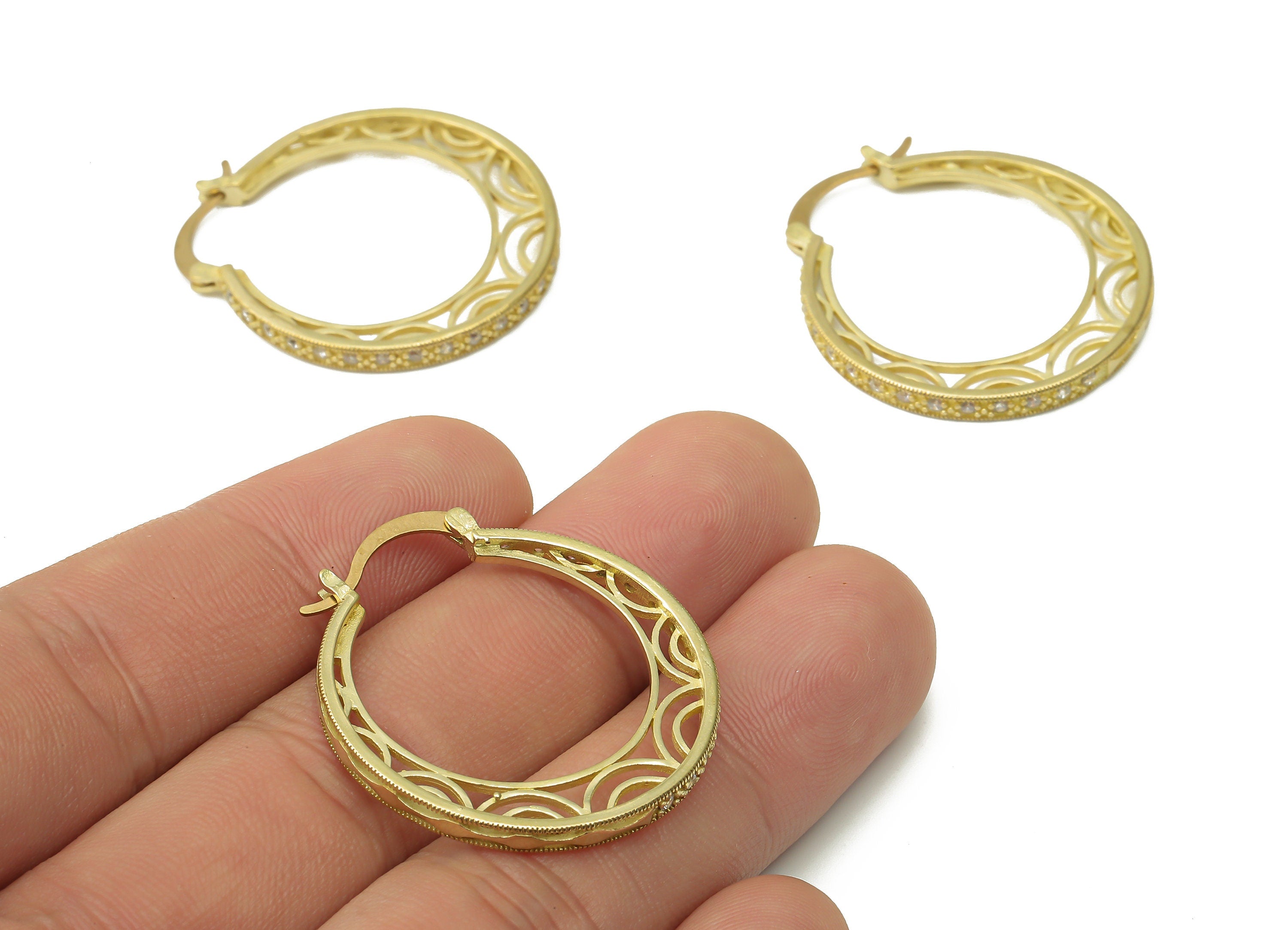 Brass Round Earring Clasp with Zircons - Raw Brass Hoop Earrings - Jewelry Making Supplies - Earring Findings - 34.08x30.74x2.39mm - PP7560 - DOMEDBAZAAR