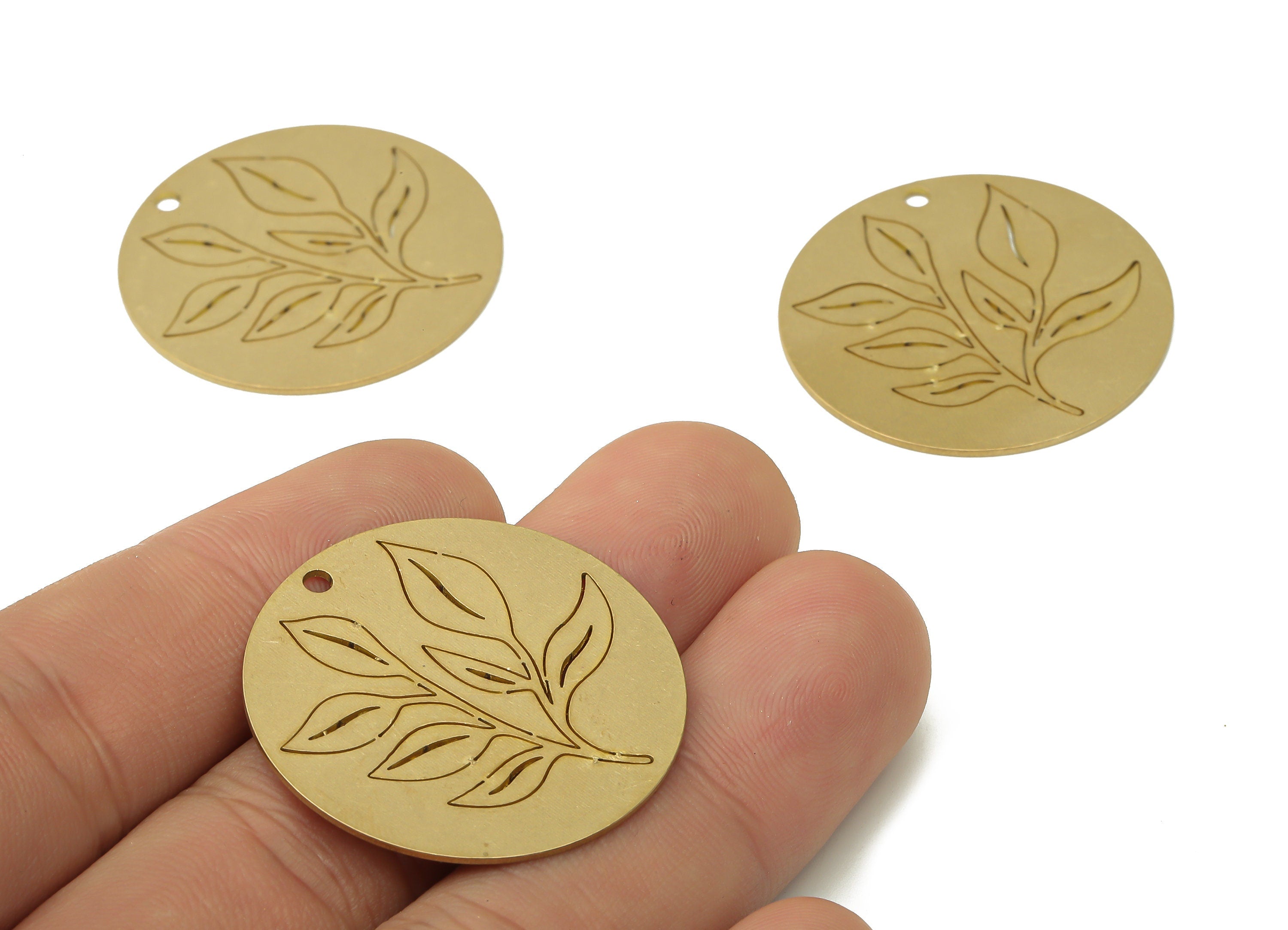 Raw Brass Circle Leaf Charms - Brass Round Textured Leaf Pendants Charm - Laser Cut Charms - Brass Earring Charm - 31.9x31.9x0.7mm - PPA3867 - DOMEDBAZAAR