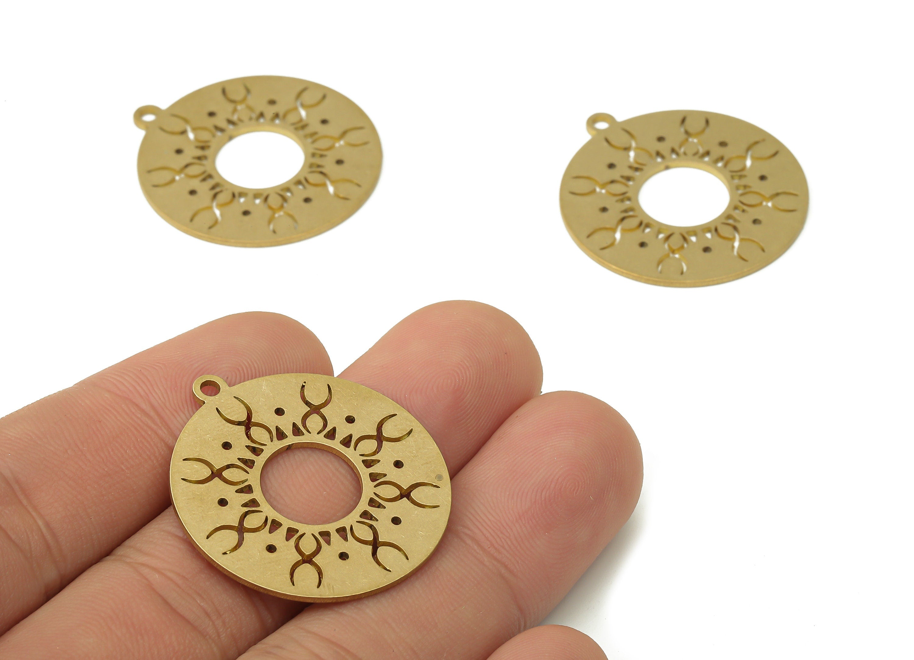 Brass Round Laser Cut Earrings Charms - Raw Brass Textured Sun Rays Pendants Charm - Jewelry Making Supplies - 31.74x28.94x0.88mm - PPA3938 - DOMEDBAZAAR