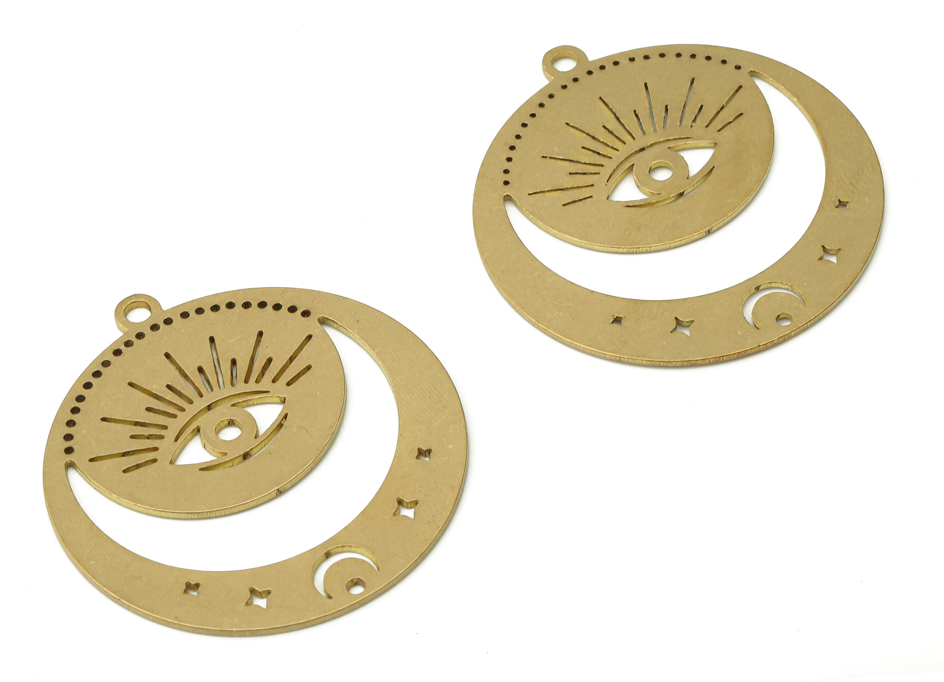 Evil Eye Pendent Charms - Raw Brass Moon and Evil Eye Earring Charms - Brass Laser Cut Crescent Pendant Charm -34.76x31.99x0.75mm- PPA4004 - DOMEDBAZAAR