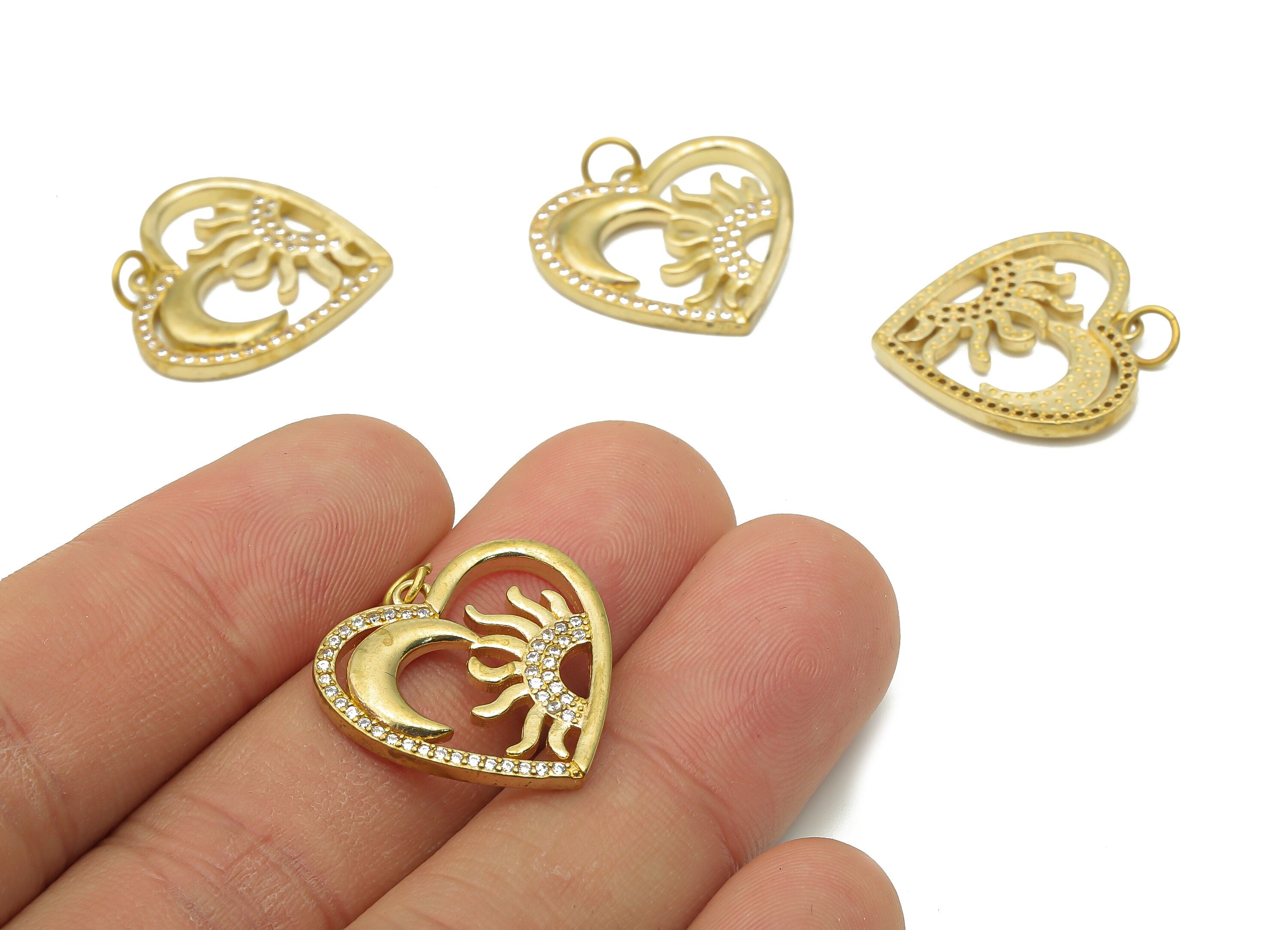 Brass Heart Pendant - Raw Brass Crescent Pendant with Zircons - Brass Sun Necklace - Raw Brass Moon Pendant - 21.35x20.92x2.5mm - PP7624 - DOMEDBAZAAR