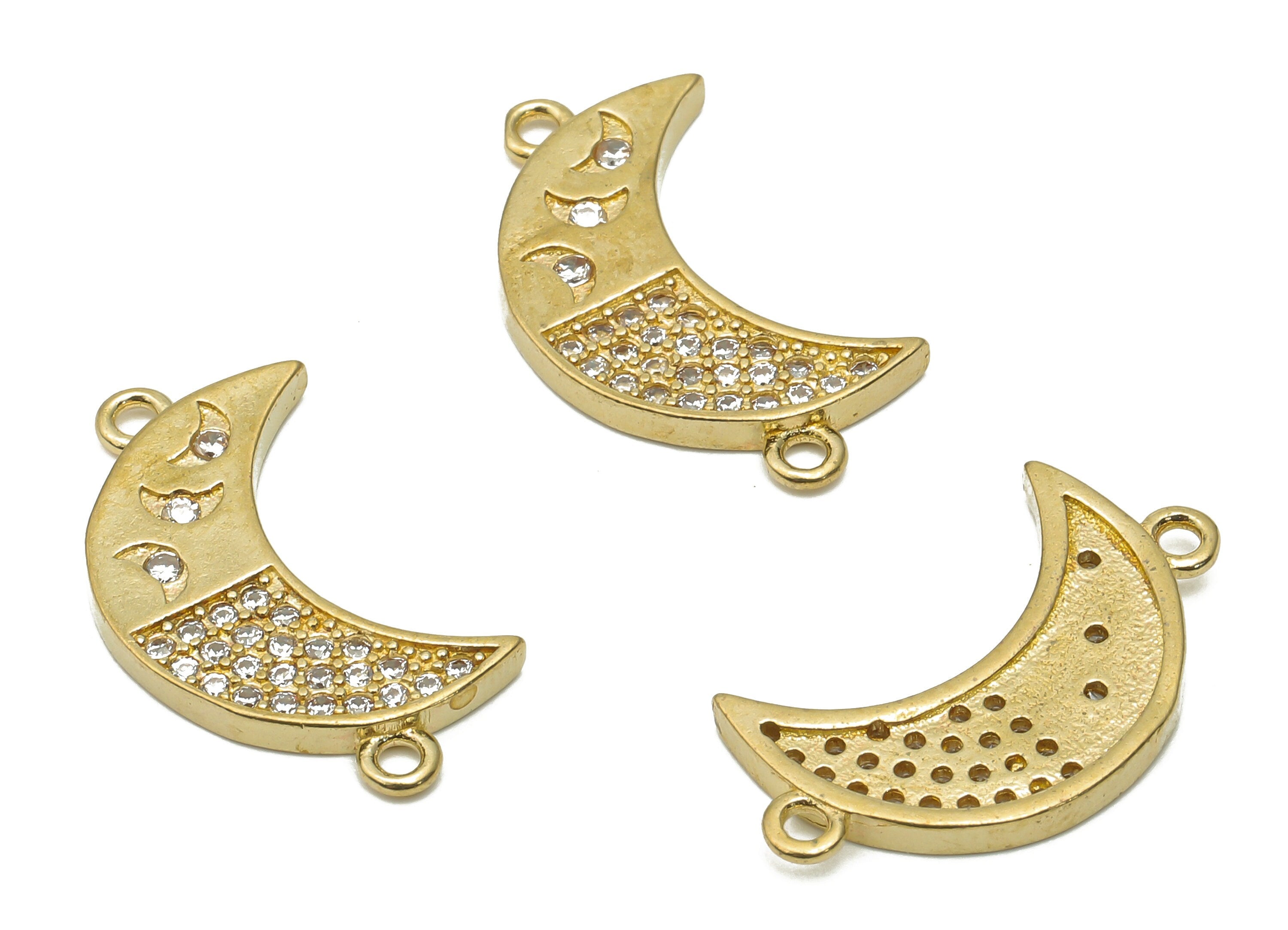 Brass Crescent Earrings Connectors with Zircon - Raw Brass Moon Connectors - Brass Moon Earring Connectors - 22.33x12.7x1.78mm - PP7636 - DOMEDBAZAAR