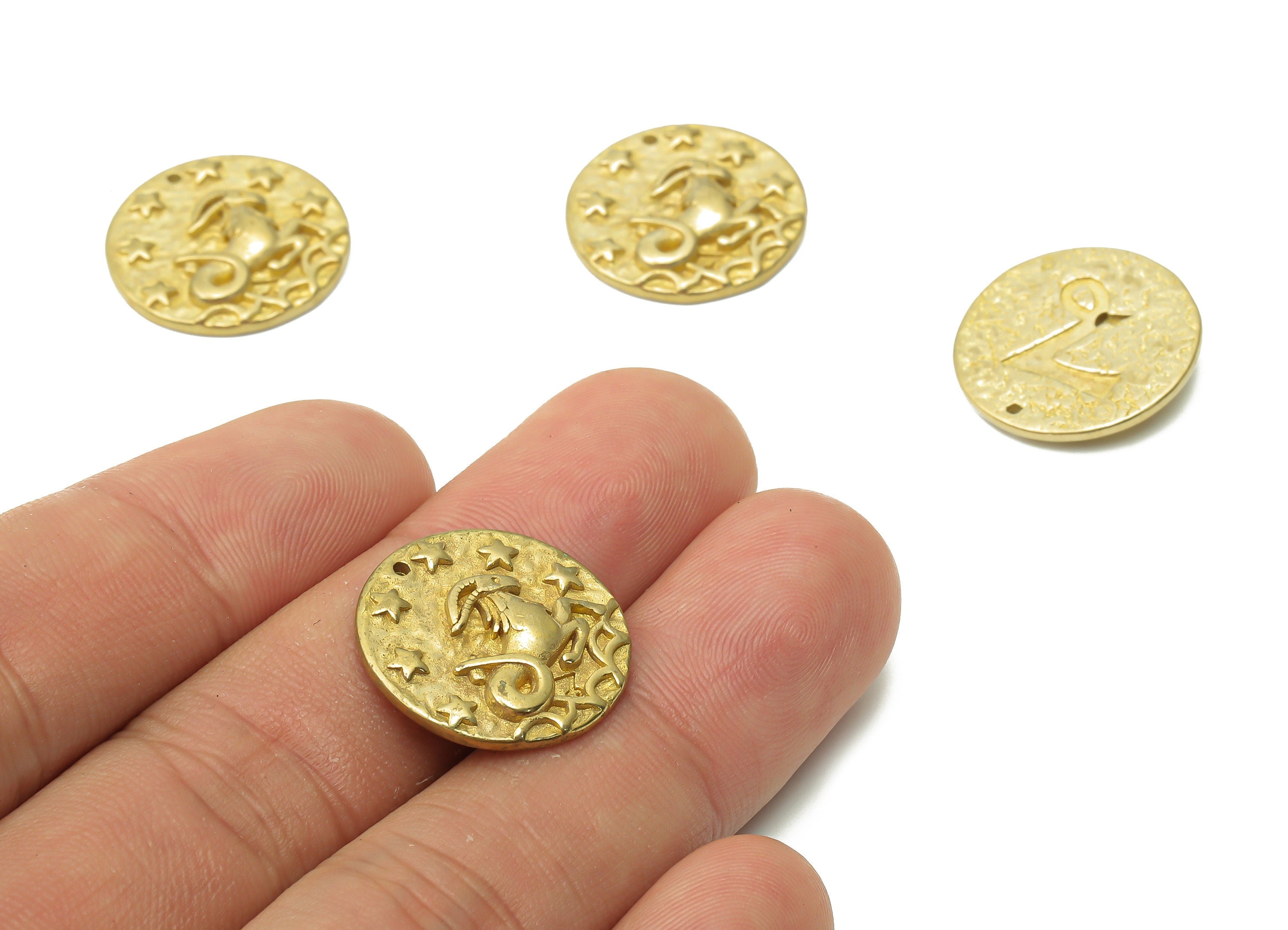 Capricorn Round Charm - Raw Brass Horoscopes Charms - Round Animal Pendant - Brass Zodiac Pendant - Star Necklace -19.4x19.4x3.4mm - PP7751F - DOMEDBAZAAR