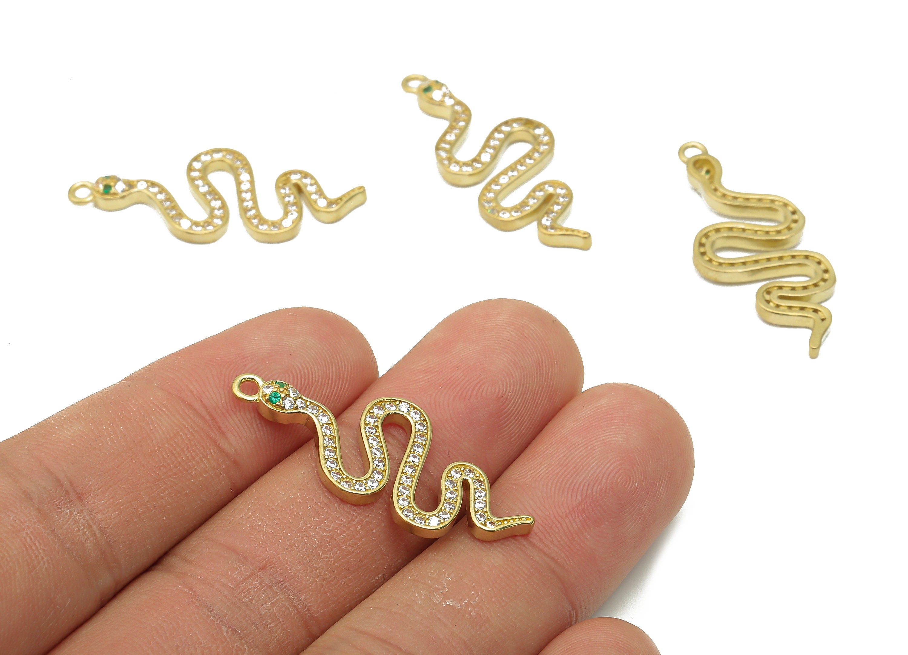 Brass Snake Earring with Zircons - Raw Brass Snake Necklace - Brass Snake Pendant - Brass Snake Necklace - 34.2x14.23x1.95mm - PP7651 - DOMEDBAZAAR