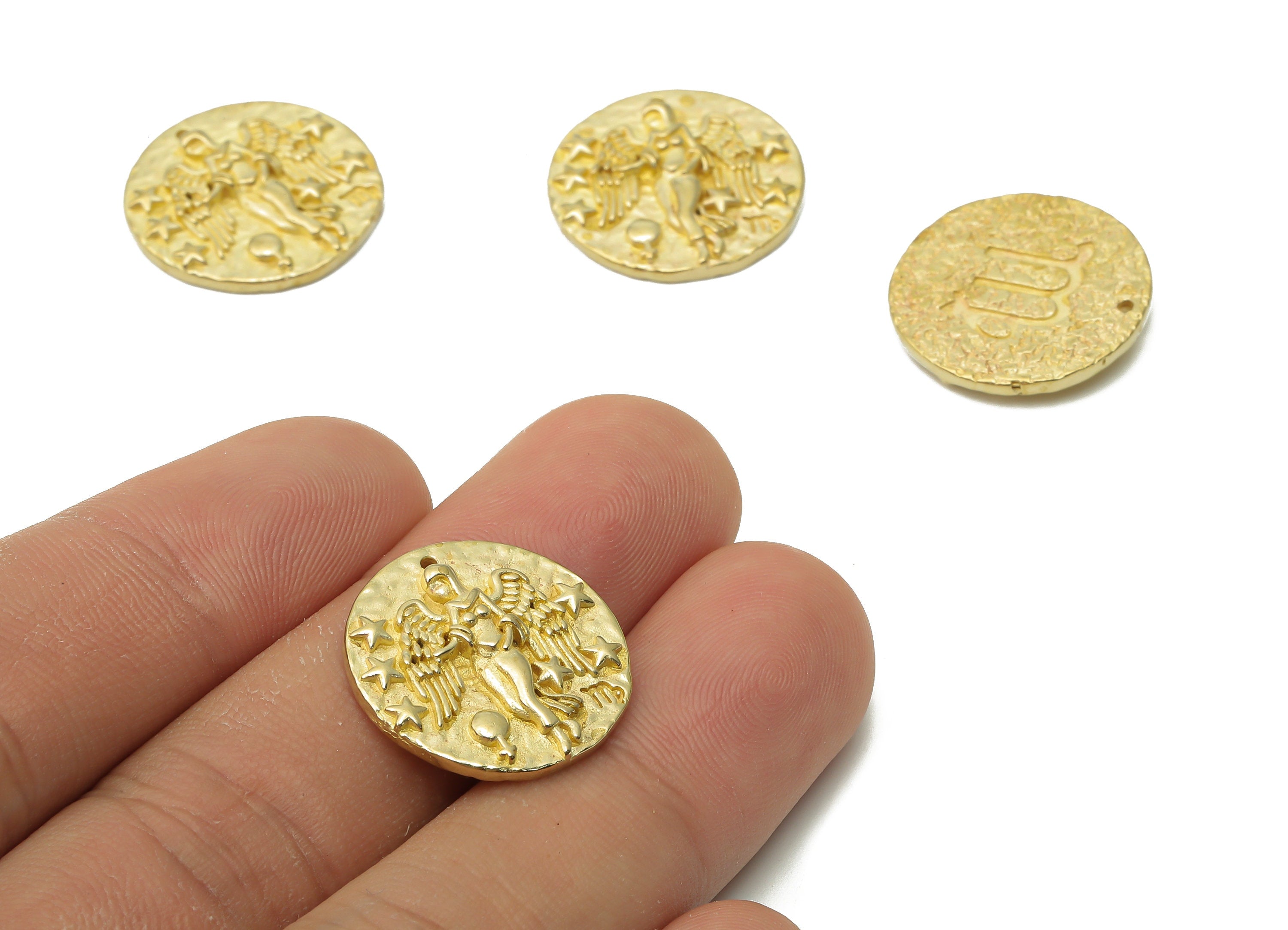 Virgo Round Charm - Raw Brass Horoscope Charms - Brass Female Pendant - Women with Wings - Zodiac Necklace Pendant -19.4x19.4x3.0mm -PP7751K - DOMEDBAZAAR