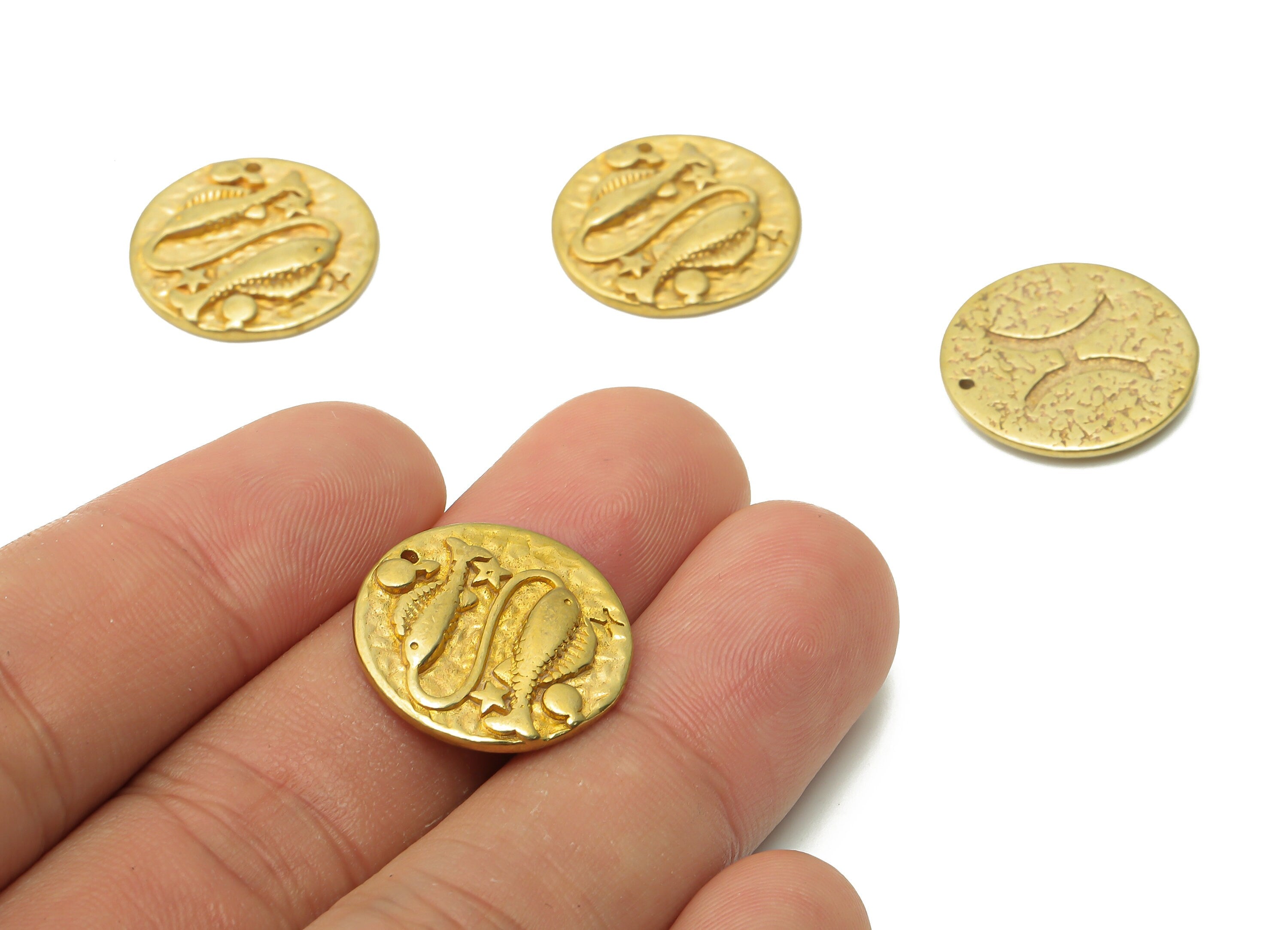 Pisces Round Charm - Raw Brass Horoscope Charms - Round Fish Pendant - Brass Star Pendant - Brass Zodiac Necklace - 19.4x19.4x3mm - PP7751L - DOMEDBAZAAR