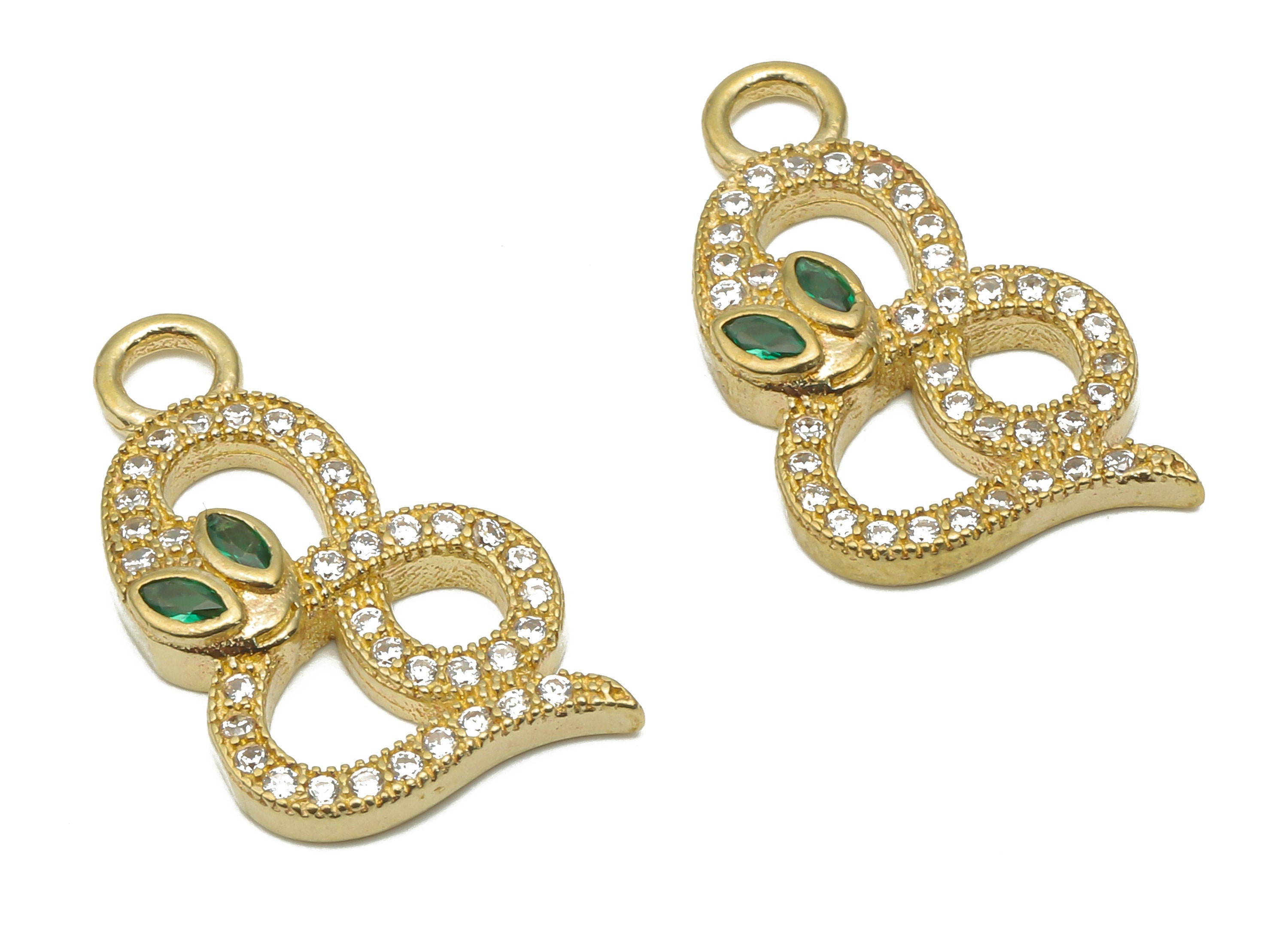 Brass Infinity Snake Earring with Zircons - Raw Brass Green Eye Snake Charm - Brass Infinity Pendant -20.94x12.14x3.04mm - PP7656 - DOMEDBAZAAR