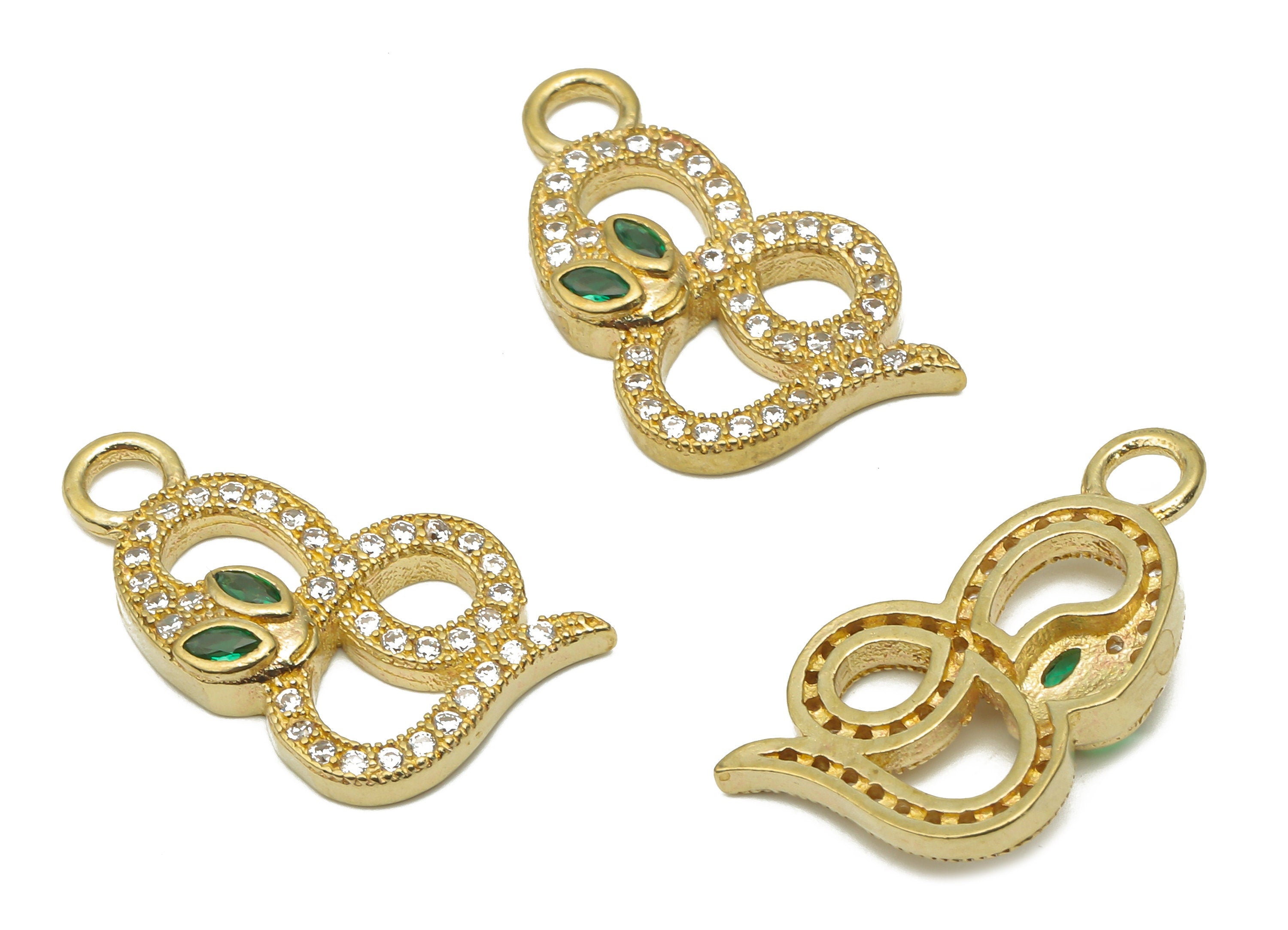 Brass Infinity Snake Earring with Zircons - Raw Brass Green Eye Snake Charm - Brass Infinity Pendant -20.94x12.14x3.04mm - PP7656 - DOMEDBAZAAR