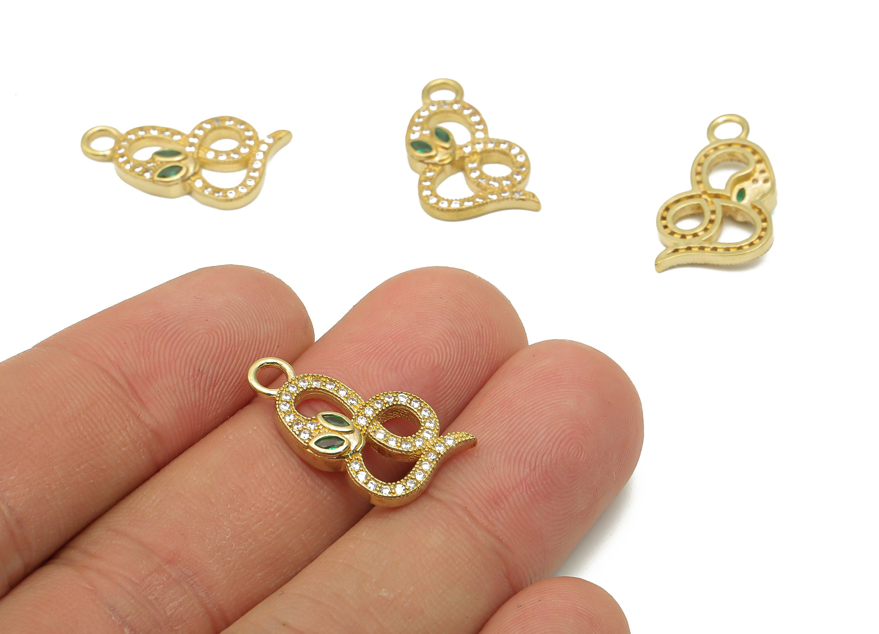 Brass Infinity Snake Earring with Zircons - Raw Brass Green Eye Snake Charm - Brass Infinity Pendant -20.94x12.14x3.04mm - PP7656 - DOMEDBAZAAR