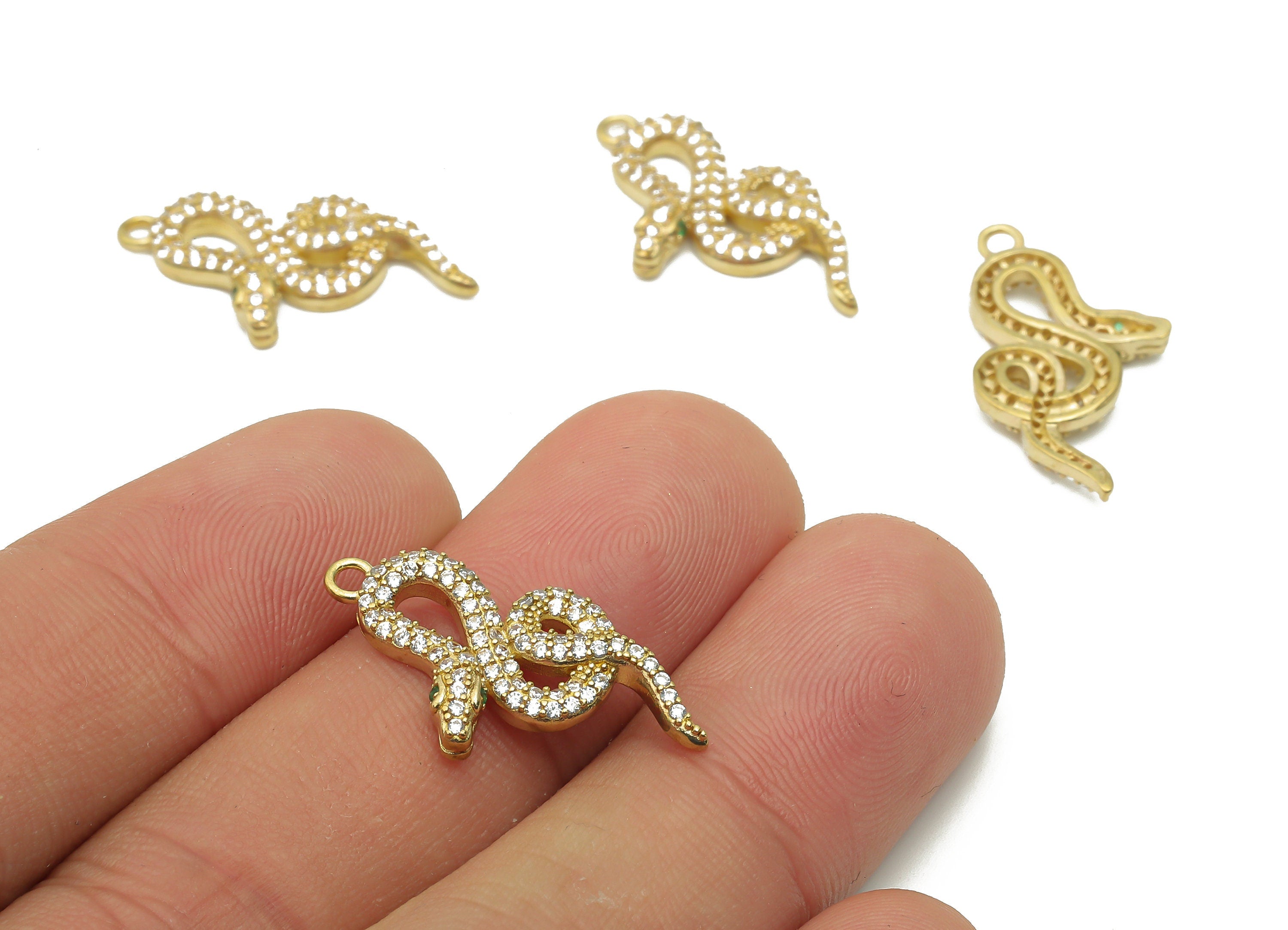 Brass Snake Earring with Zircons - Raw Brass Green Eye Snake Charm - Brass Snake Pendant - 24.34x13.74x2.58mm - PP7657 - DOMEDBAZAAR