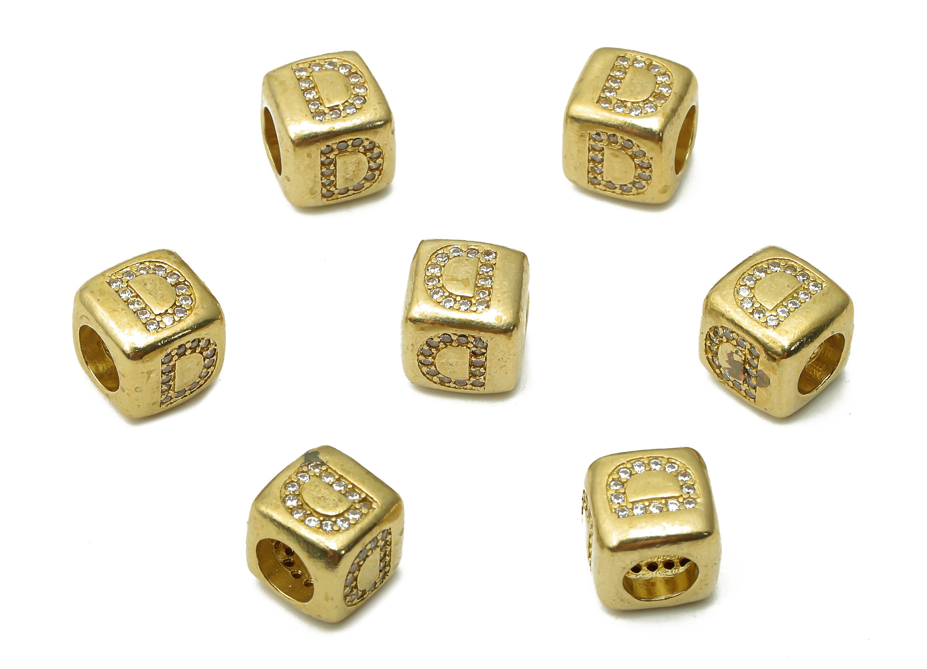 Alphabet Cube Bead D - Brass Initial Letter D - Raw Brass Zircon Letters Beads - Letter D Cube Bead - 8.63x8.63x 8.46mm - PP7804D - DOMEDBAZAAR