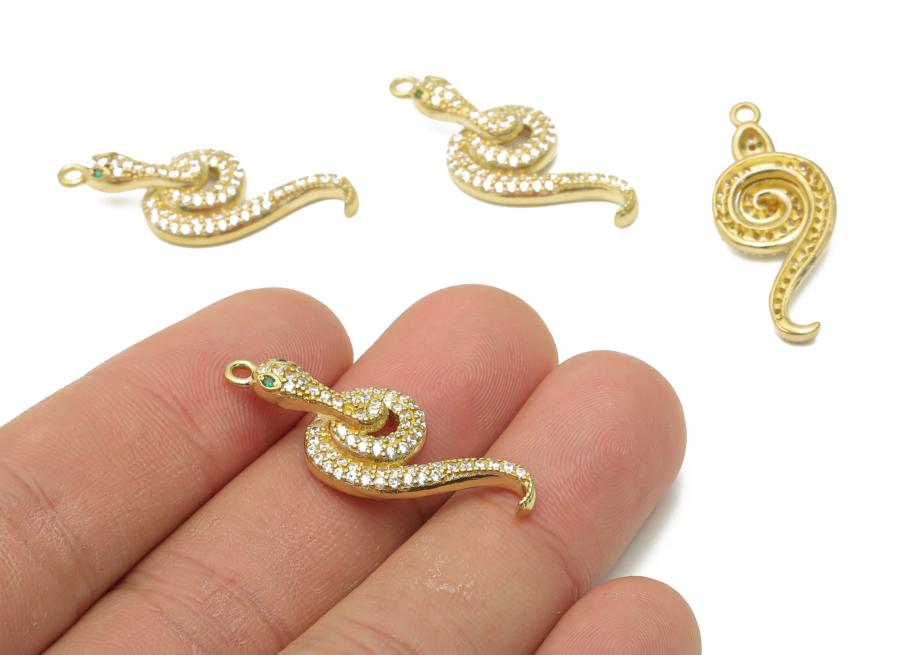 Brass Snake Earrings with Zircons - Raw Brass Green Eye Snake Charm - Raw Brass Snake Necklace - 33.67x13.03x3.13mm - PP7667 - DOMEDBAZAAR