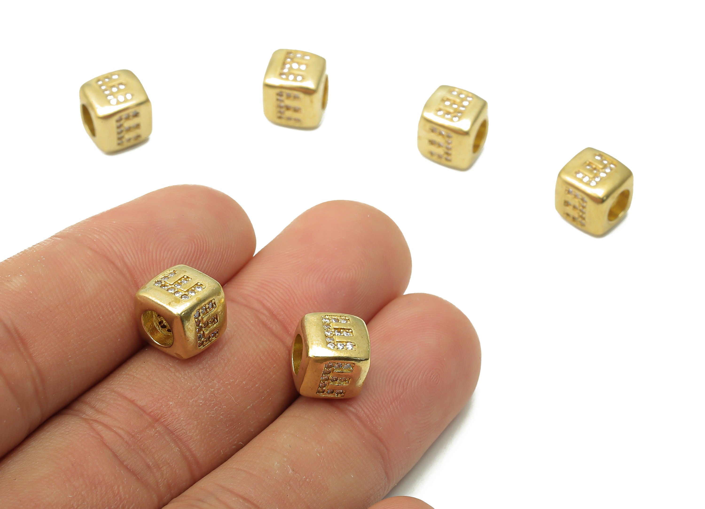 Alphabet Cube Bead E - Brass Initial Letter E - Raw Brass Zircon Letters Beads - Letter E Cube Bead - 8.63x8.63x 8.46mm - PP7804E - DOMEDBAZAAR