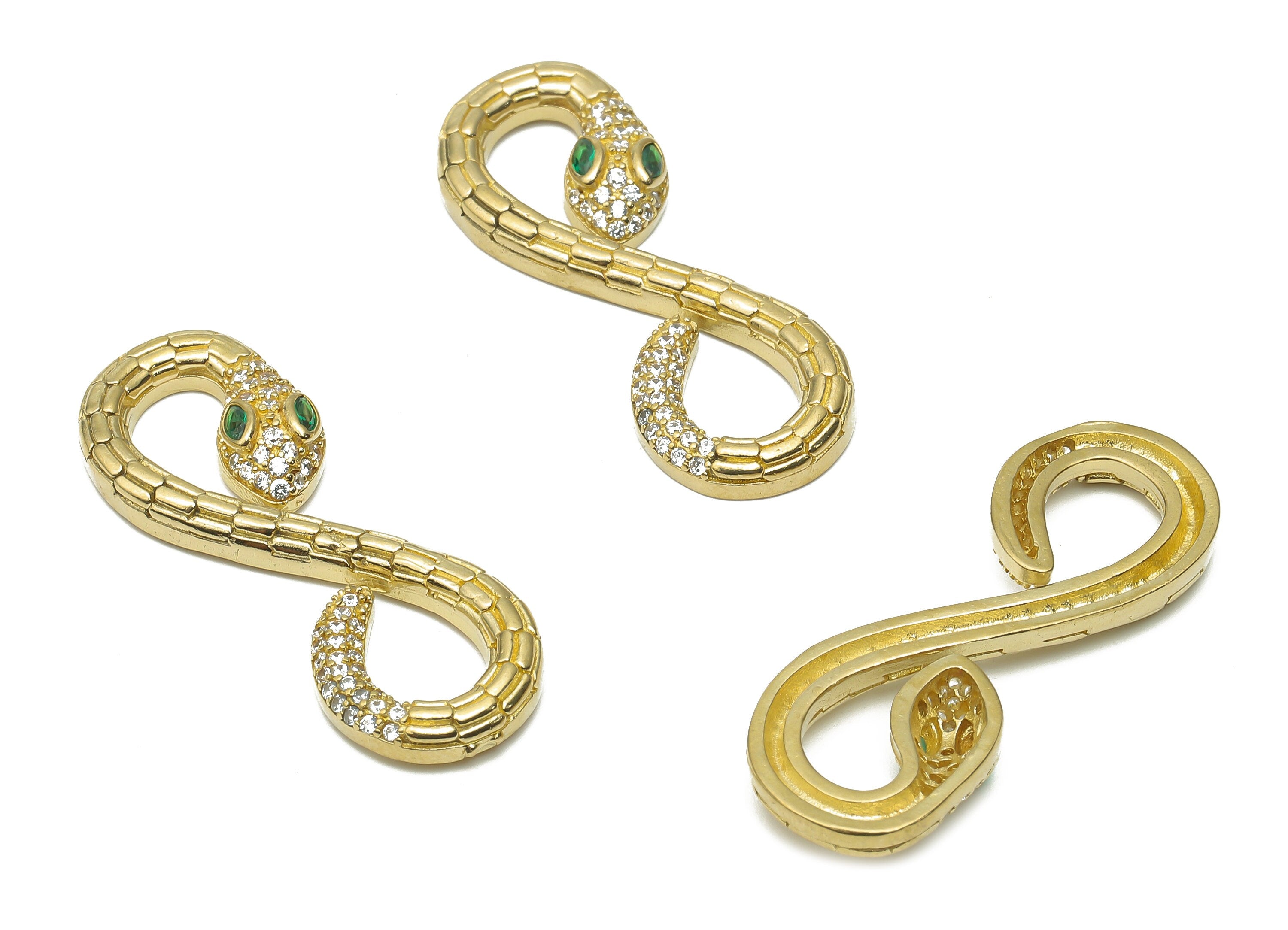 Brass Infinity Snake Connectors with Zircons - Raw Brass Textured Snake Earrings - Brass Green Eye Snake Pendant - 34x12.34x3.66mm - PP7668 - DOMEDBAZAAR