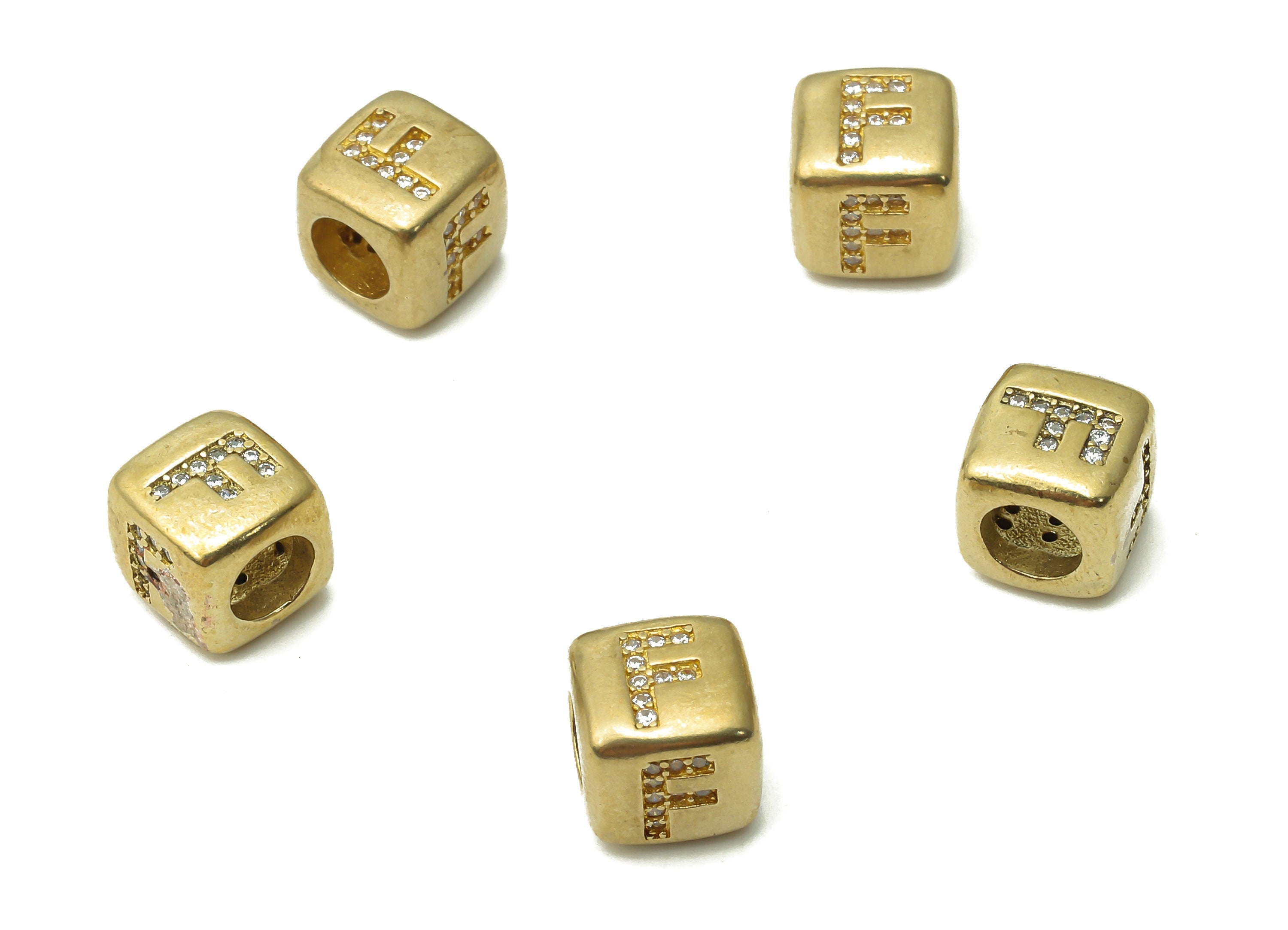 Alphabet Cube Bead F - Brass Initial Letter F - Raw Brass Zircon Letters Beads - Letter F Cube Bead - 8.63x8.63x 8.46mm - PP7804F - DOMEDBAZAAR