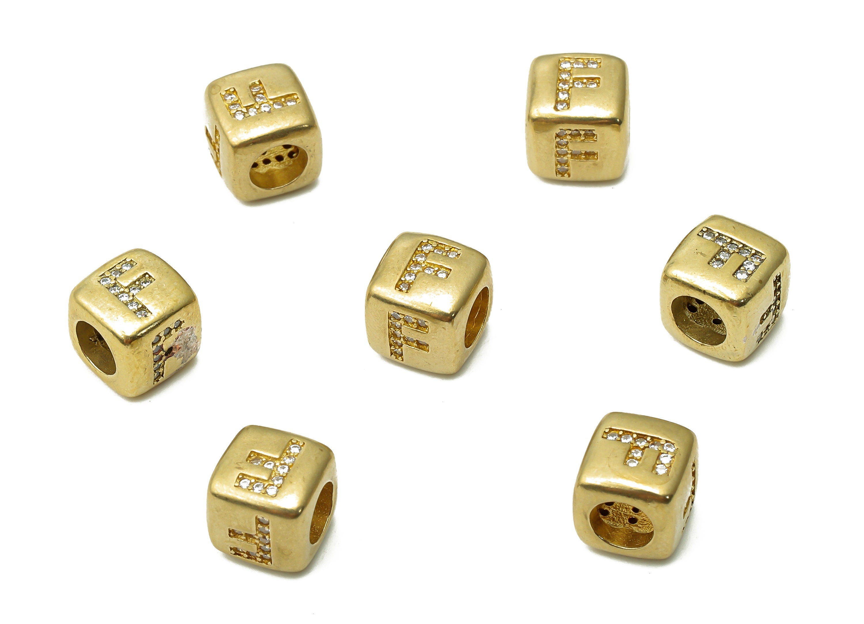Alphabet Cube Bead F - Brass Initial Letter F - Raw Brass Zircon Letters Beads - Letter F Cube Bead - 8.63x8.63x 8.46mm - PP7804F - DOMEDBAZAAR