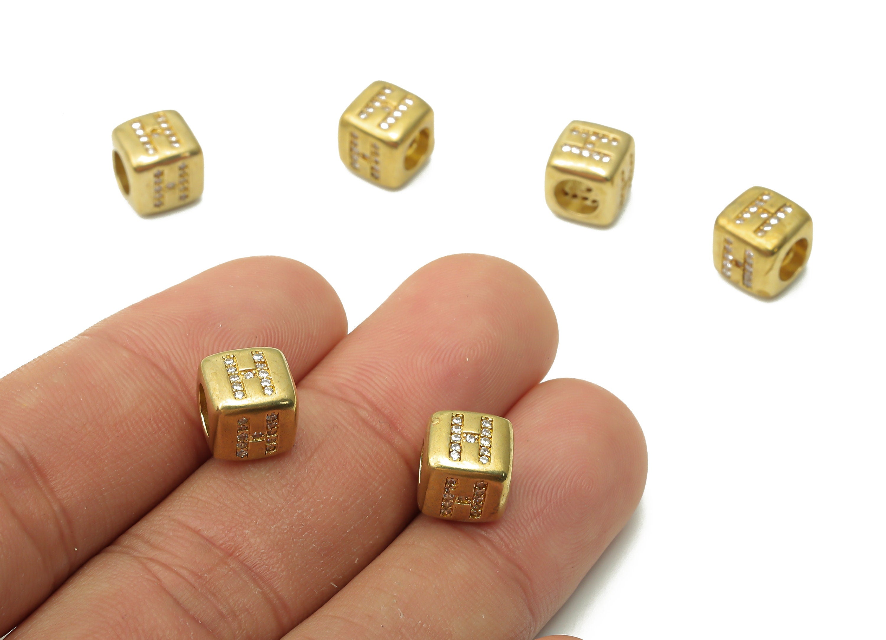 Alphabet Cube Bead H - Brass Initial Letter H - Raw Brass Zircon Letters Beads - Letter H Cube Bead - 8.63x8.63x 8.46mm - PP7804H - DOMEDBAZAAR