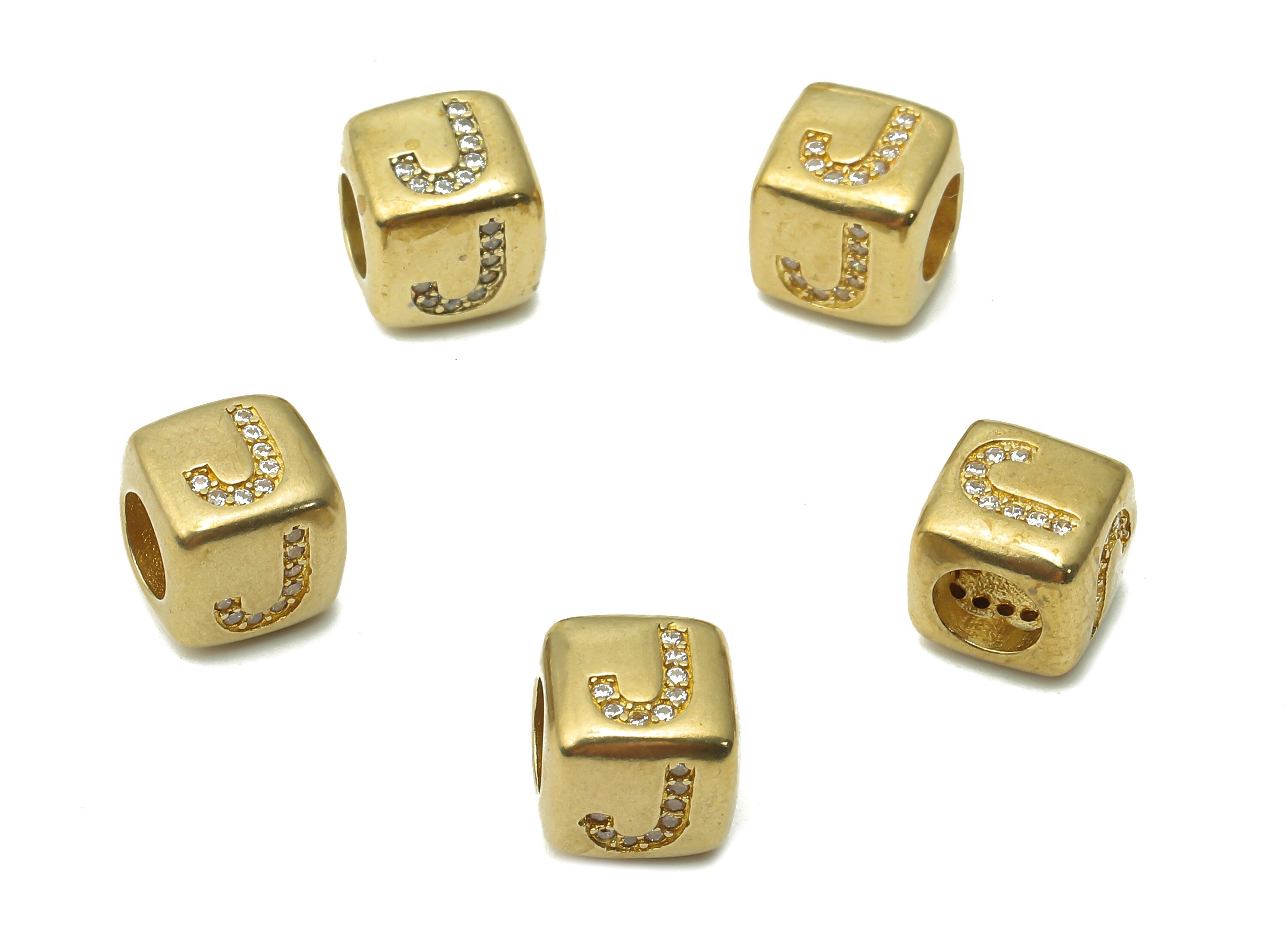 Alphabet Cube Bead J - Brass Initial Letter J - Raw Brass Zircon Letters Beads - Letter J Cube Bead - 8.63x8.63x 8.46mm - PP7804J - DOMEDBAZAAR