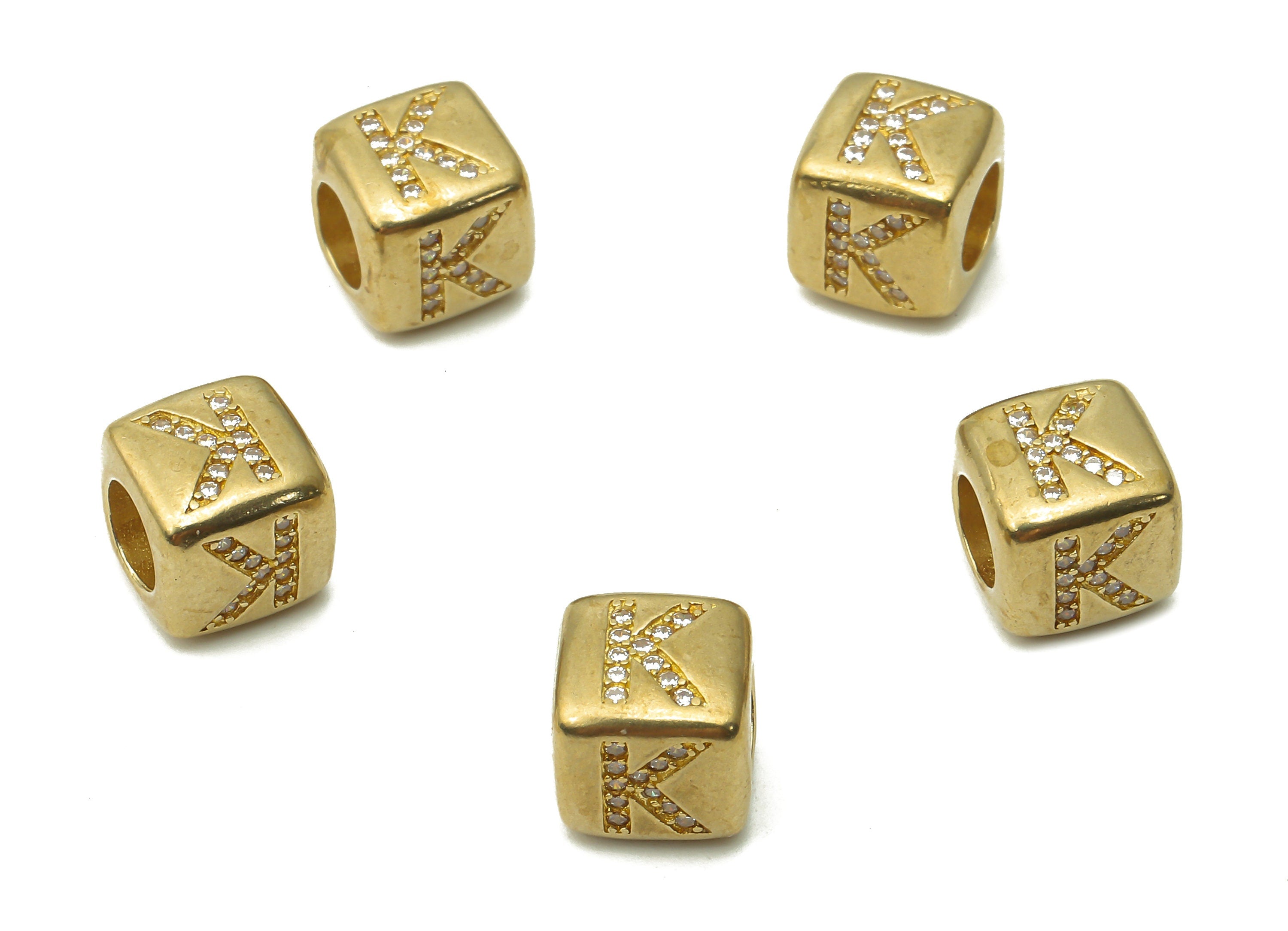 Alphabet Cube Bead K - Brass Initial Letter K - Raw Brass Zircon Letters Beads - Letter K Cube Bead - 8.63x8.63x 8.46mm - PP7804K - DOMEDBAZAAR