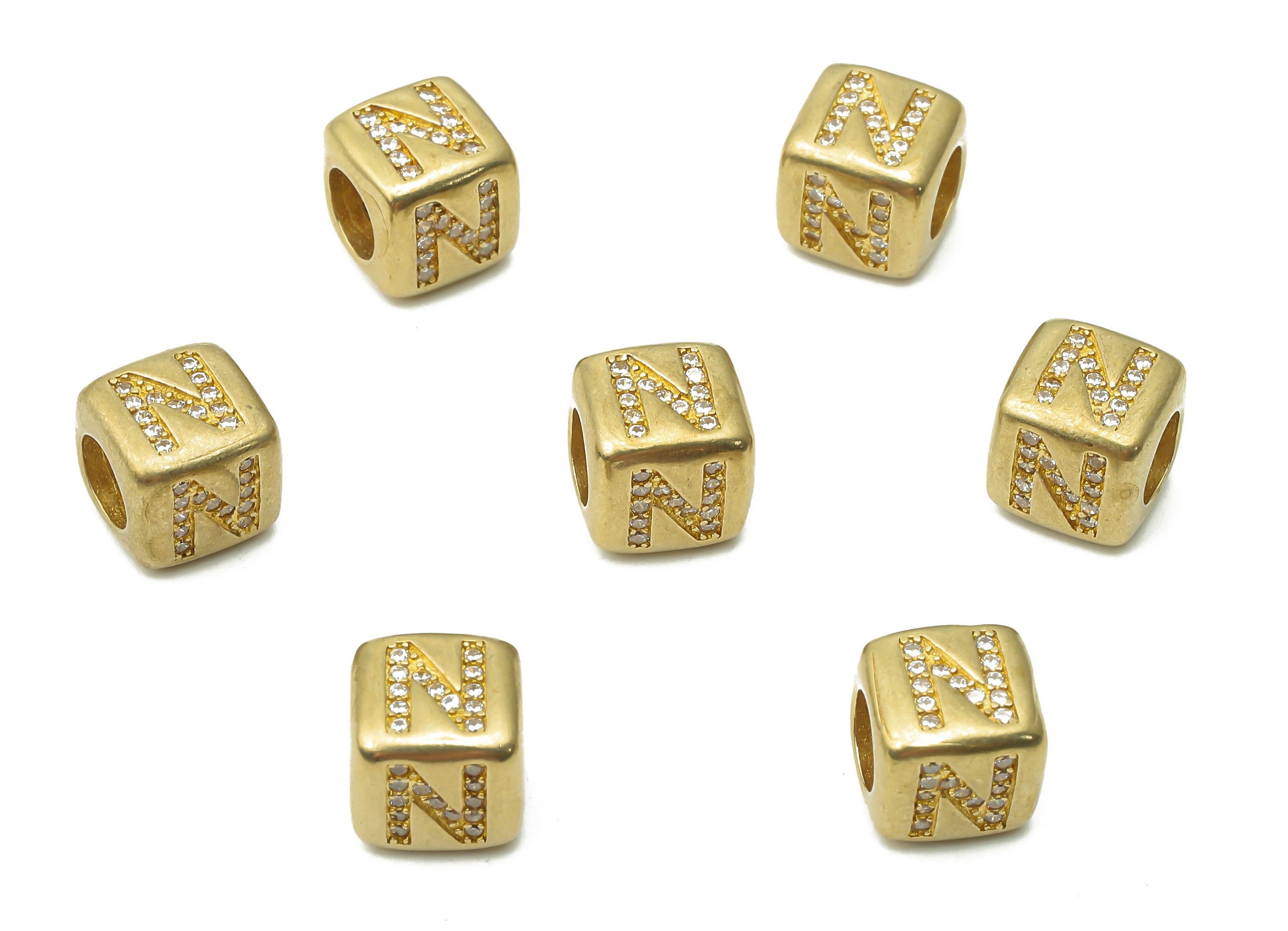 Alphabet Cube Bead N - Brass Initial Letter N - Raw Brass Zircon Letters Beads - Letter N Cube Bead - 8.63x8.63x 8.46mm - PP7804N - DOMEDBAZAAR