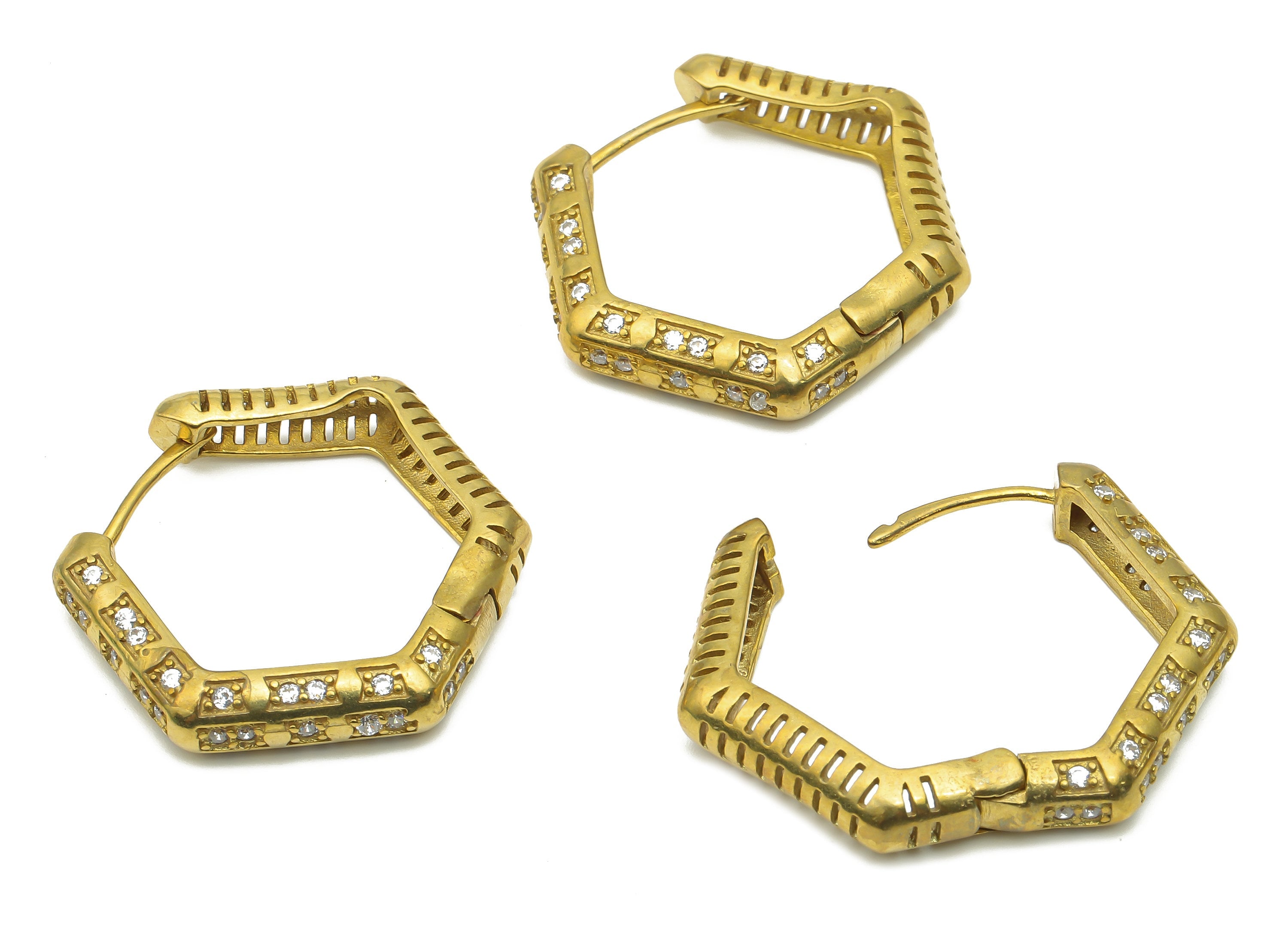 Brass Hexagon Hoop Earrings - Raw Brass Geometric Huggie Hoops - Brass Hexagon Hoops - Brass Textured Earrings - 31.83x29.11x1.66mm - PP7718 - DOMEDBAZAAR